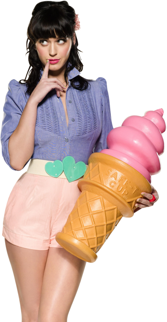 Katy Perry Holding Giant Ice Cream Cone PNG