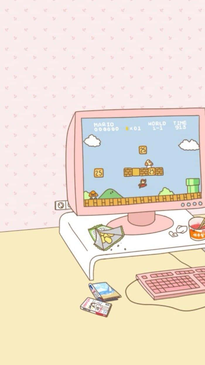 A Pink Computer With A Game On It Wallpaper