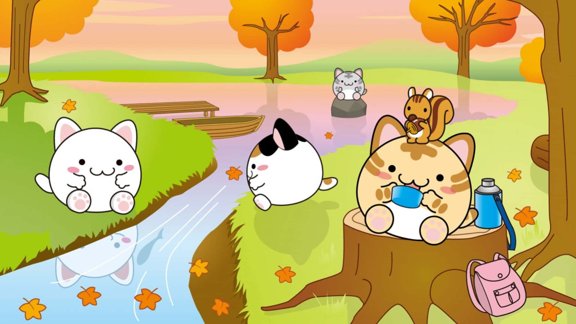 A Group Of Cats Sitting By A River Wallpaper