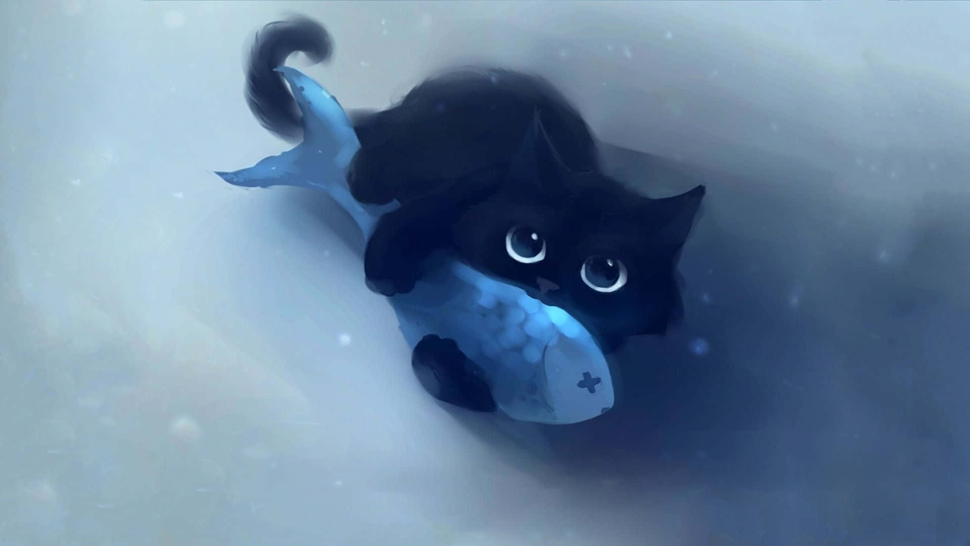 Kawaii Anime Cat Cuddling A Fish Wallpaper