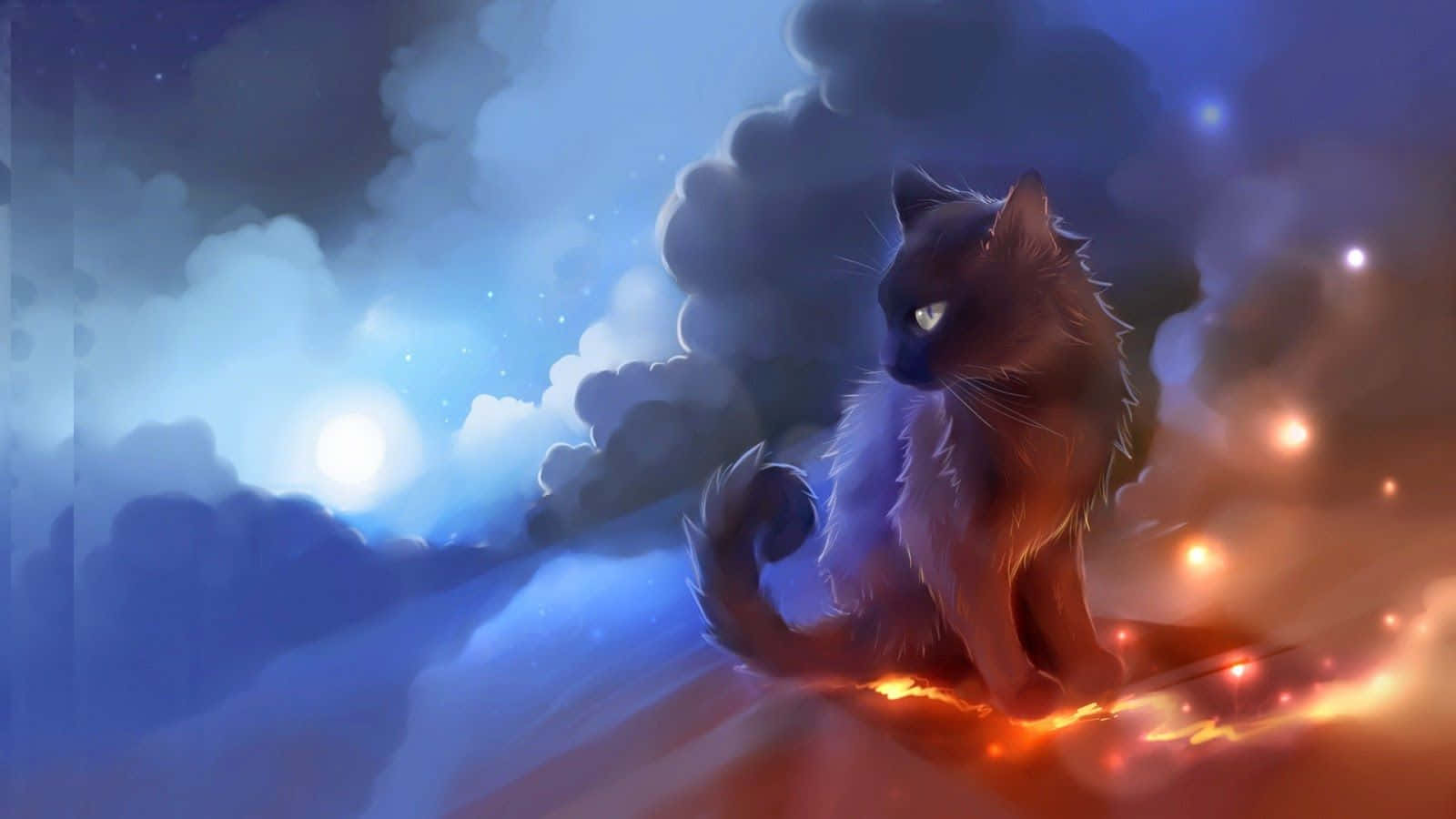 A Black Cat Sitting On A Cloud With Fire Wallpaper