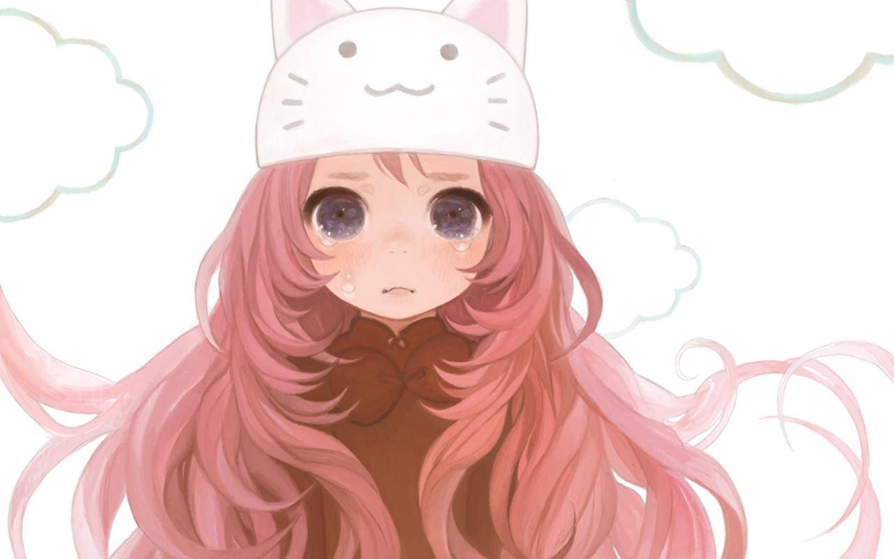 Kawaii Anime Pige Græder Med Kat Hat Tapet Wallpaper