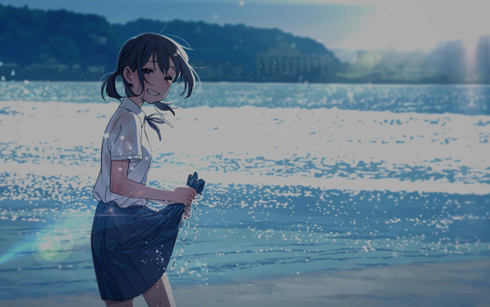 Chicade Anime Kawaii En La Playa. Fondo de pantalla