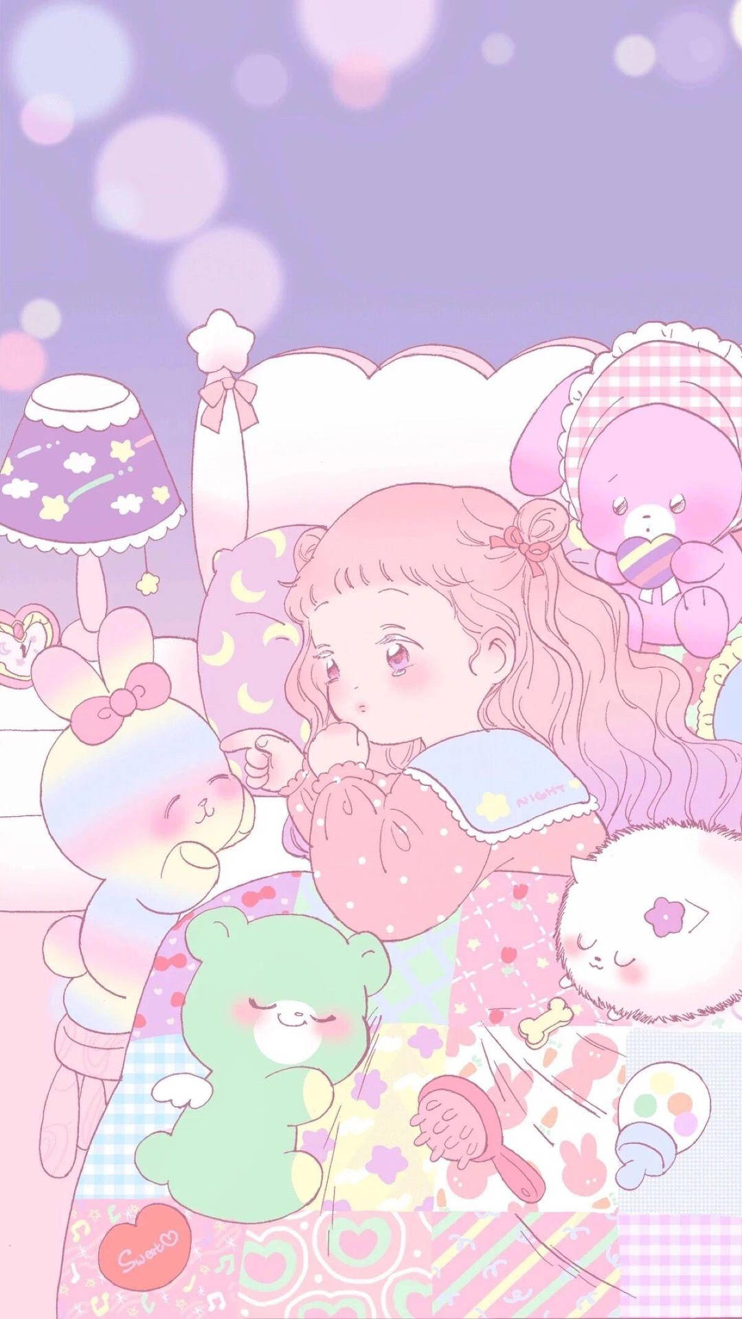 Kawaii Anime Girl On Bed With Sutffed Toys Wallpaper