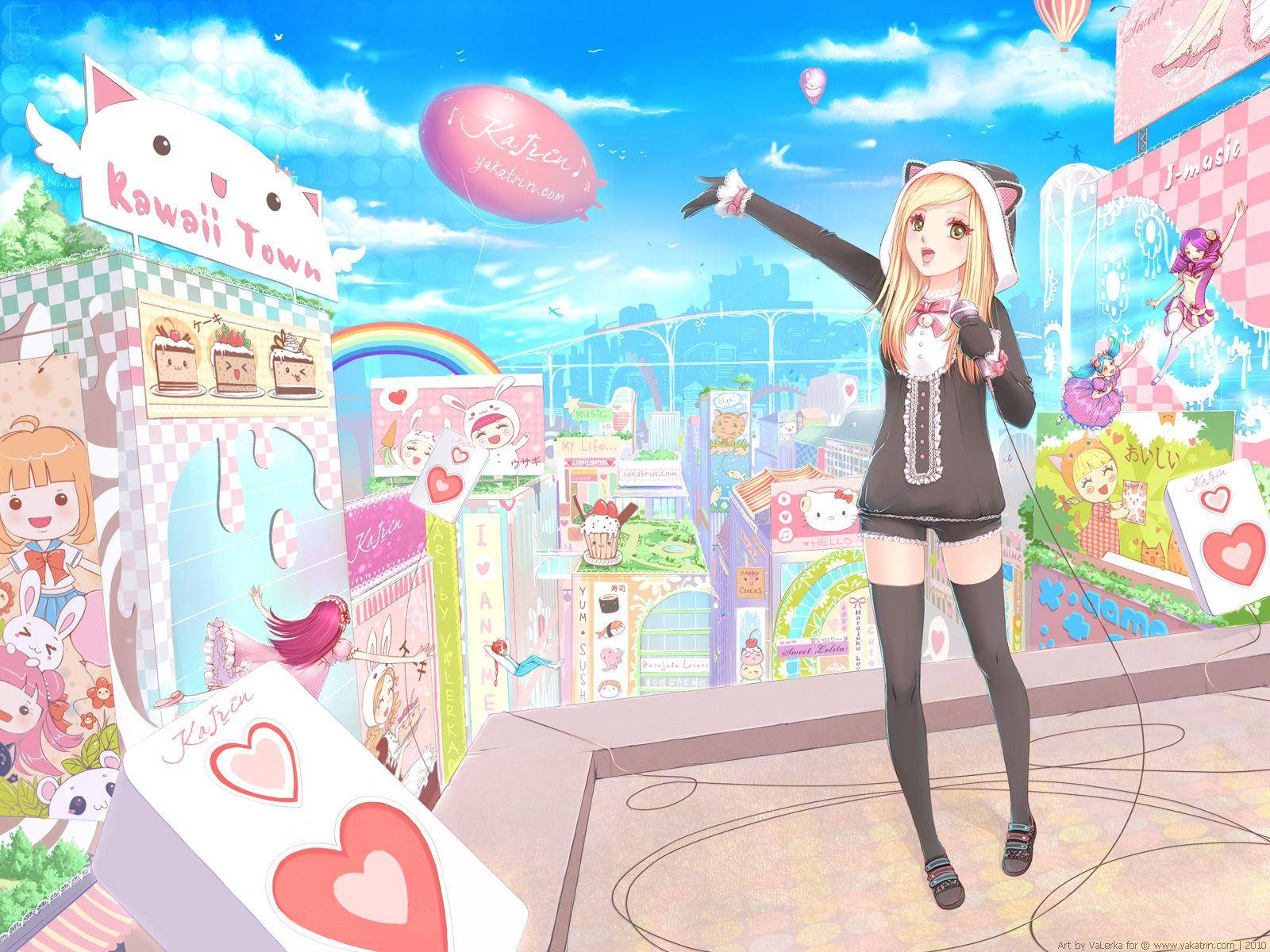 Kawaii Anime Girl Surrounded By Cute Stores Wallpaper