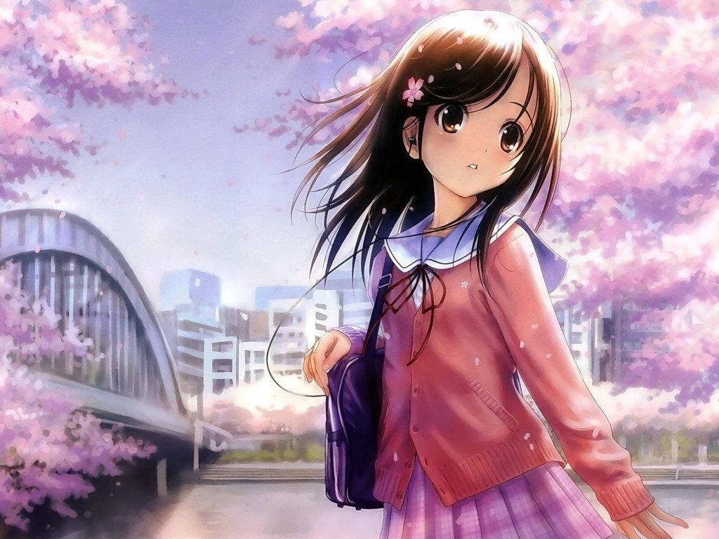 Kawaii Anime Girl With Cherry Blossom Trees Wallpaper