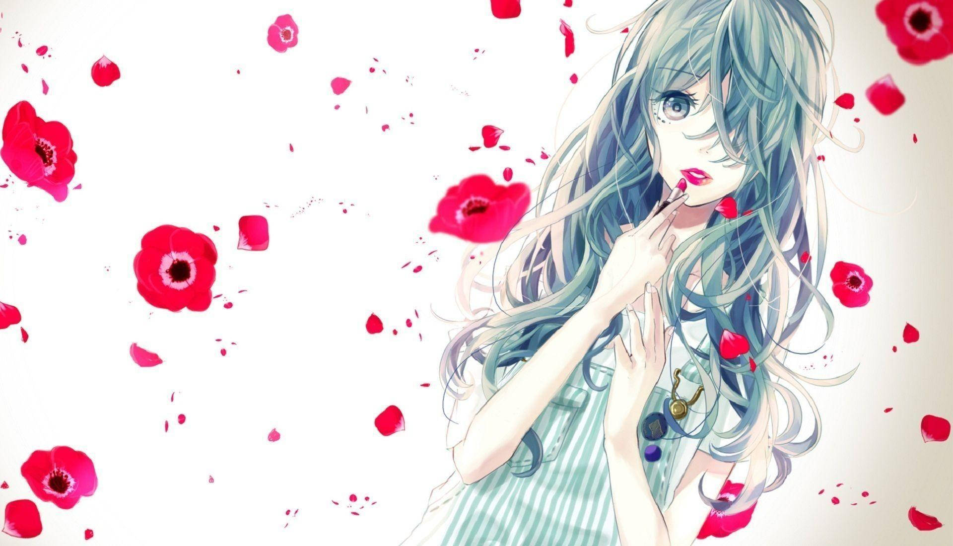 Kawaii Anime Girl With Red Lipstick And Petals Wallpaper