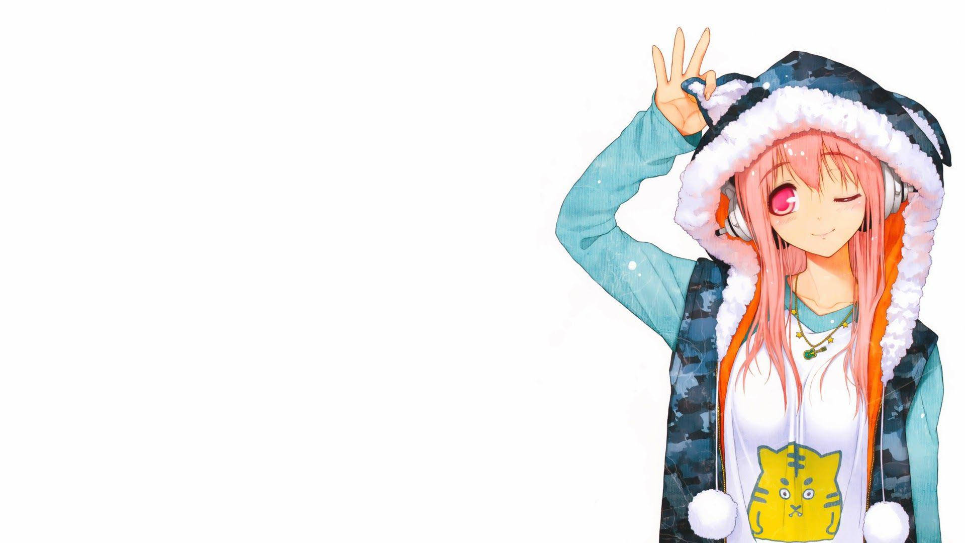 Kawaii Anime Girl Wth Cute Cat Hoodie Wallpaper