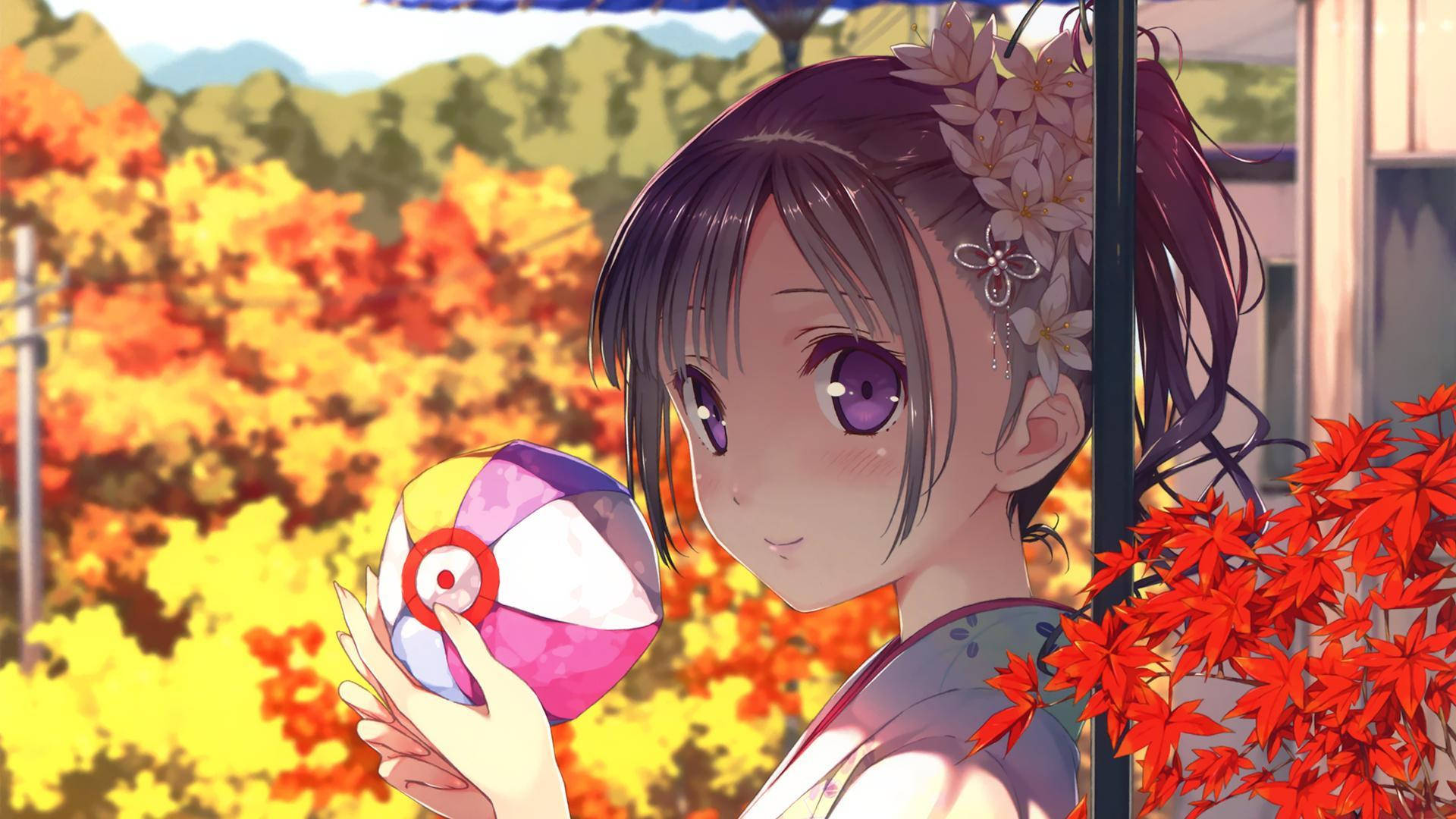 Kawaii Anime Pige Med Efterårsblade Wallpaper