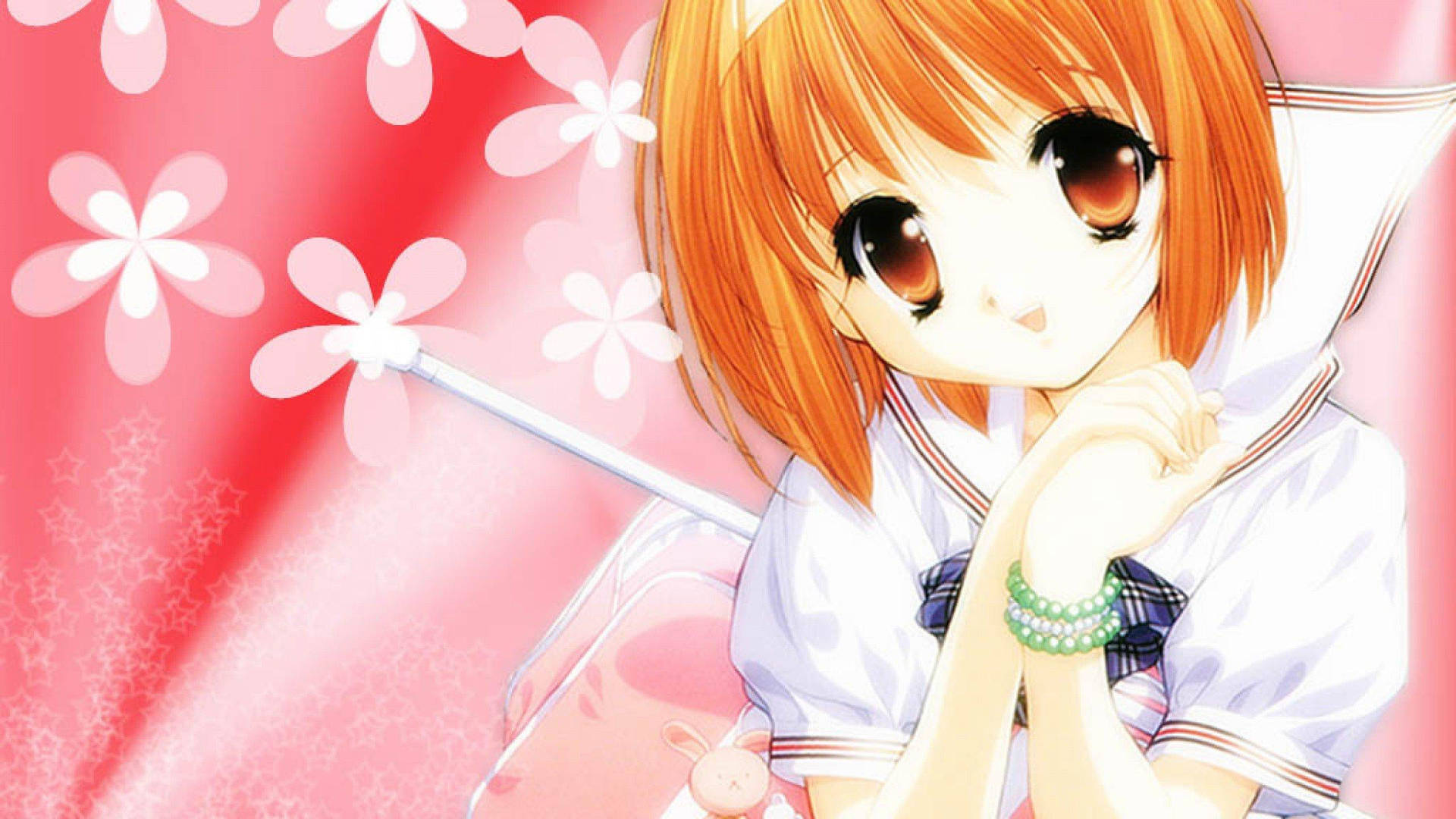 Kawaii Anime Schoolgirl With Pink Flowers Wallpaper