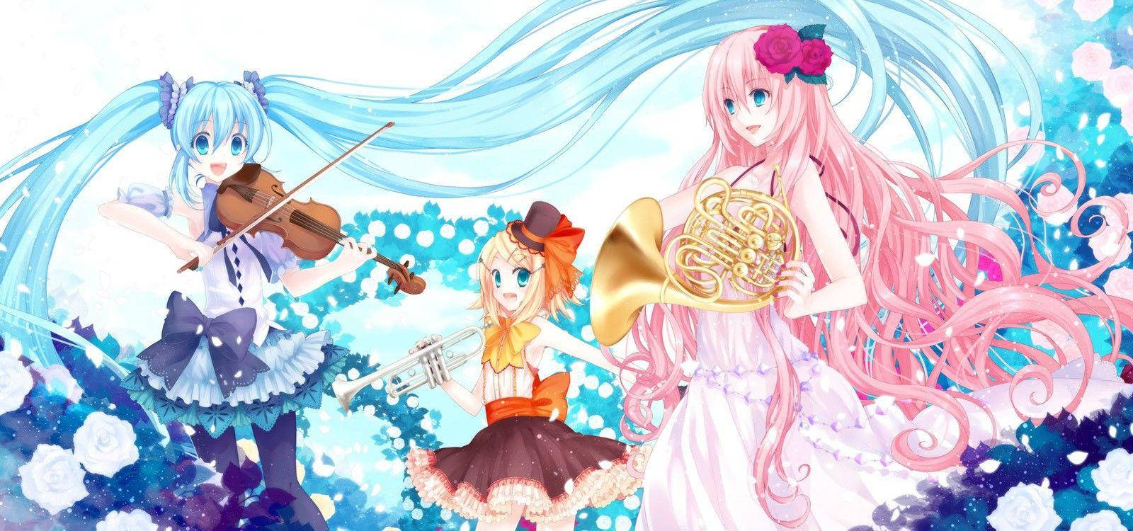 Kawaii Anime Vocaloids With Instruments Wallpaper