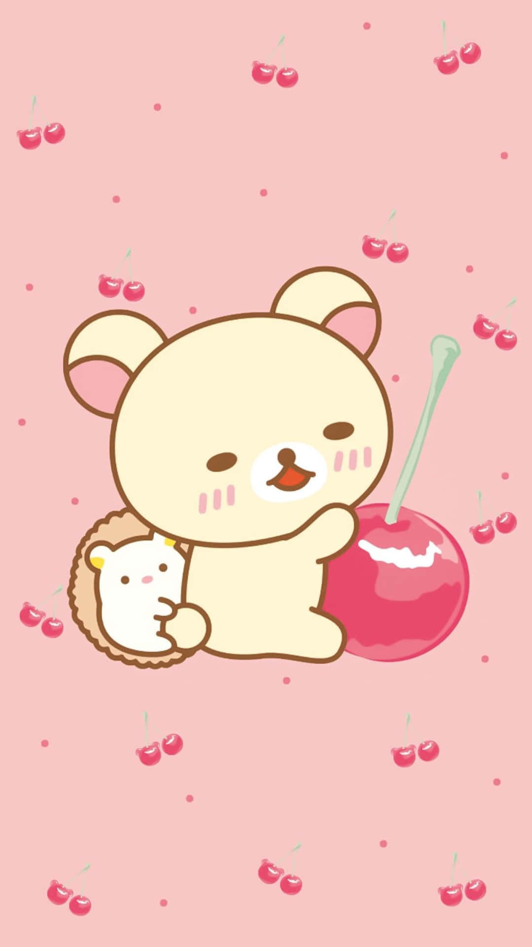 Kawaii Bear With Cherry Boba Drink Wallpaper