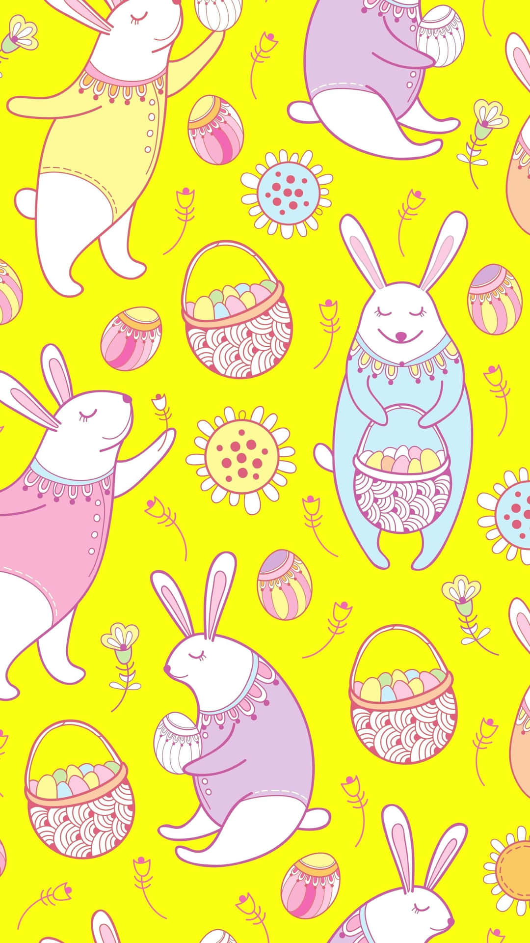 A cute Kawaii bunny surrounded by pastel colored clouds and star. Wallpaper