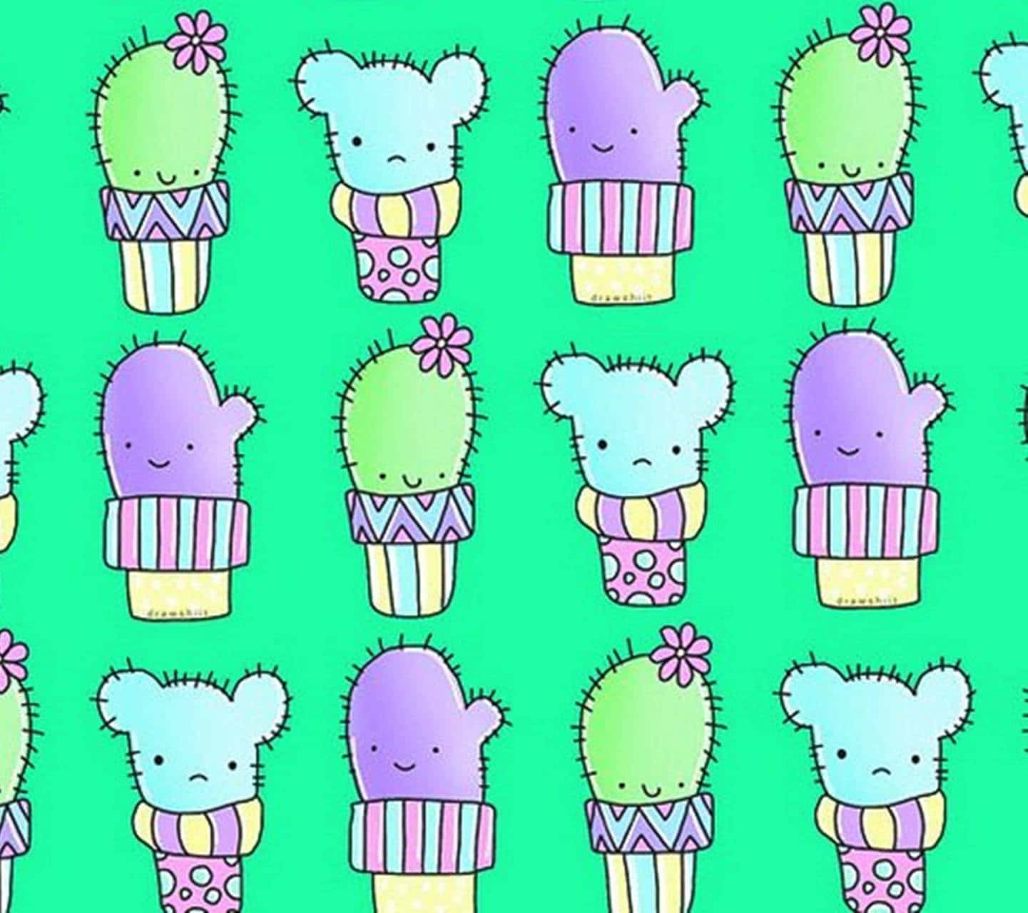 Adorable Kawaii Cactus Friends on Vibrant Pastel Background Wallpaper