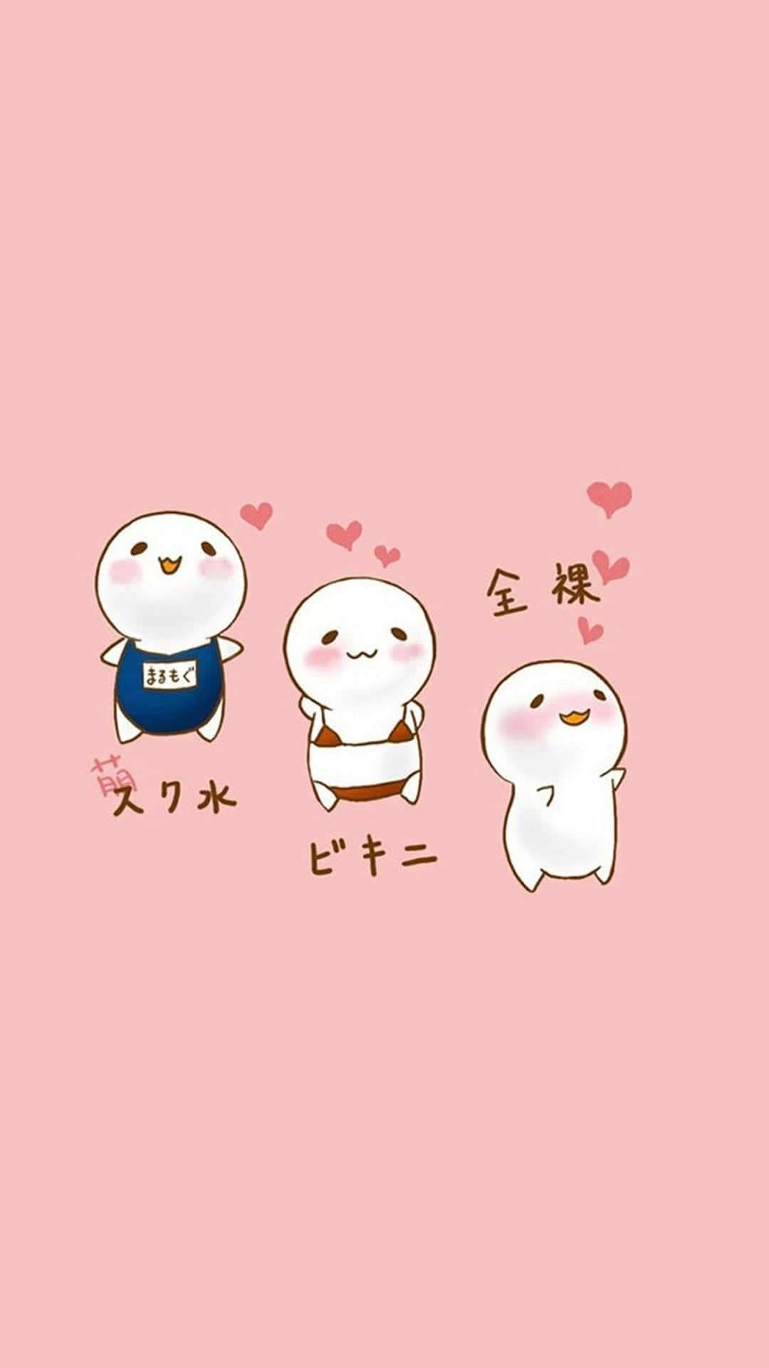 Kawaii Cartoon Characters Love Hearts Pink Background Wallpaper