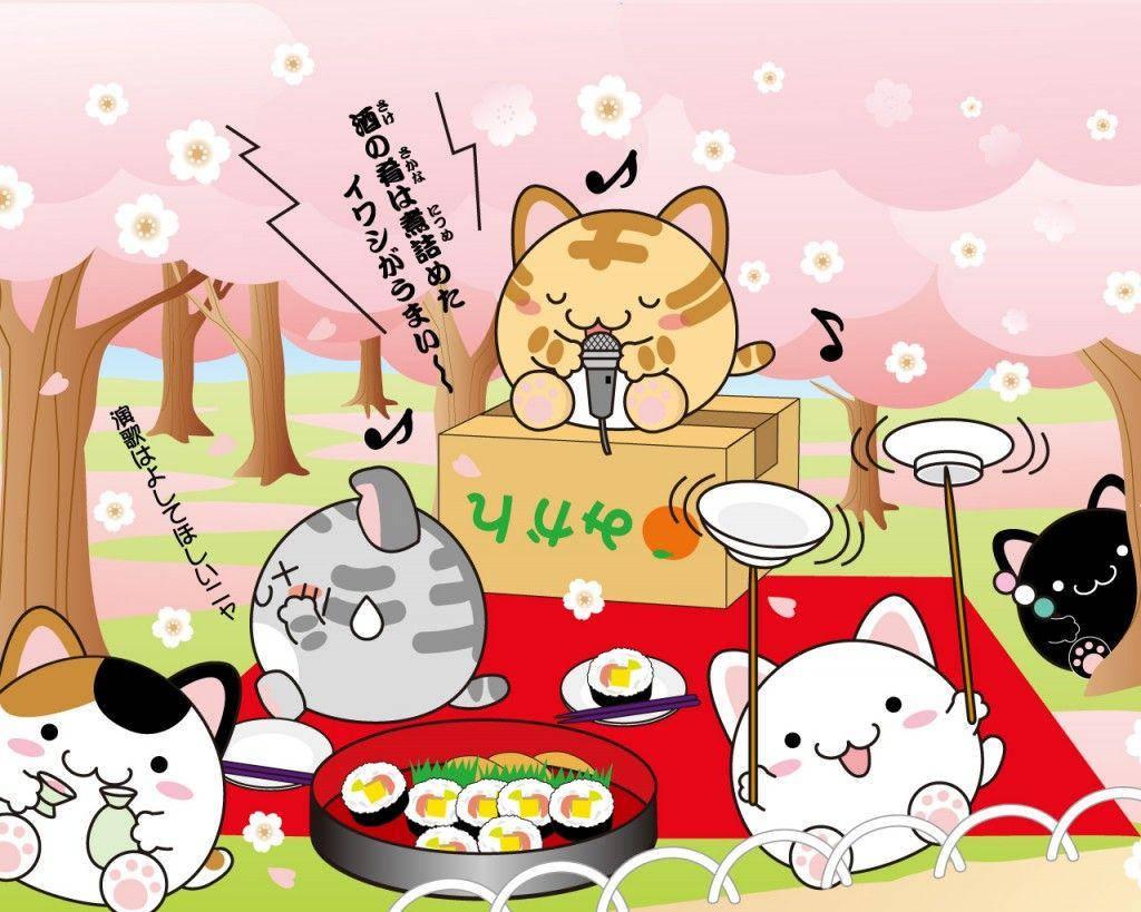Kawaii Cats In Japanese Picnic Wallpaper