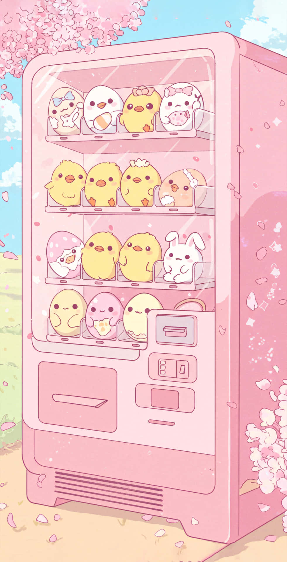 Kawaii Chicks And Bunnies Pop From A Pastel Vending Machine Surrounded By Sparkles And Blossoms Wallpaper