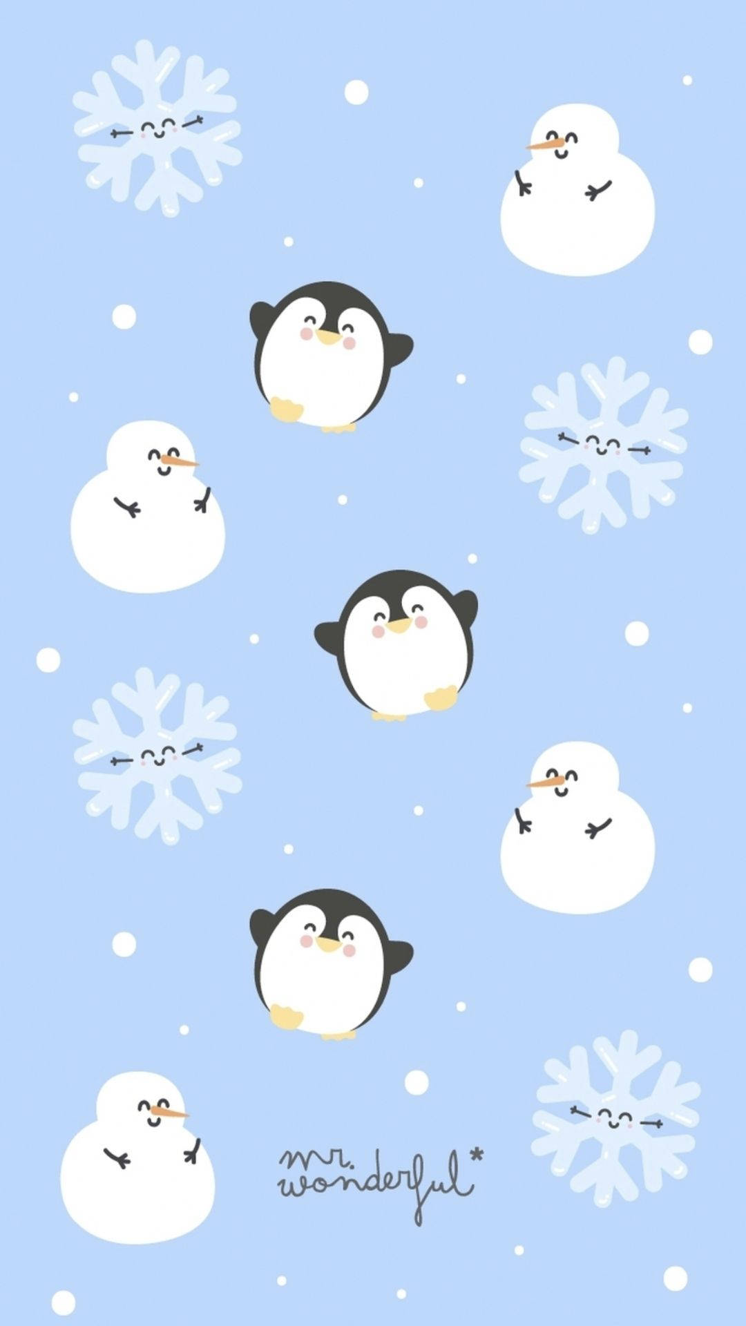 Kawaii Christmas Snowman And Penguins Wallpaper