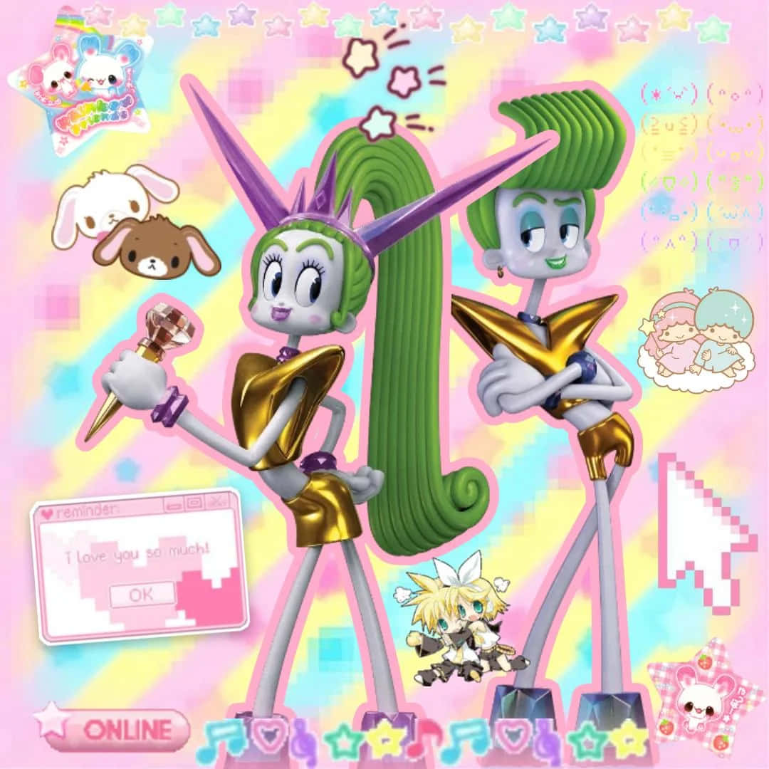 Kawaii Core Stylized Characters Pastel Backdrop Wallpaper