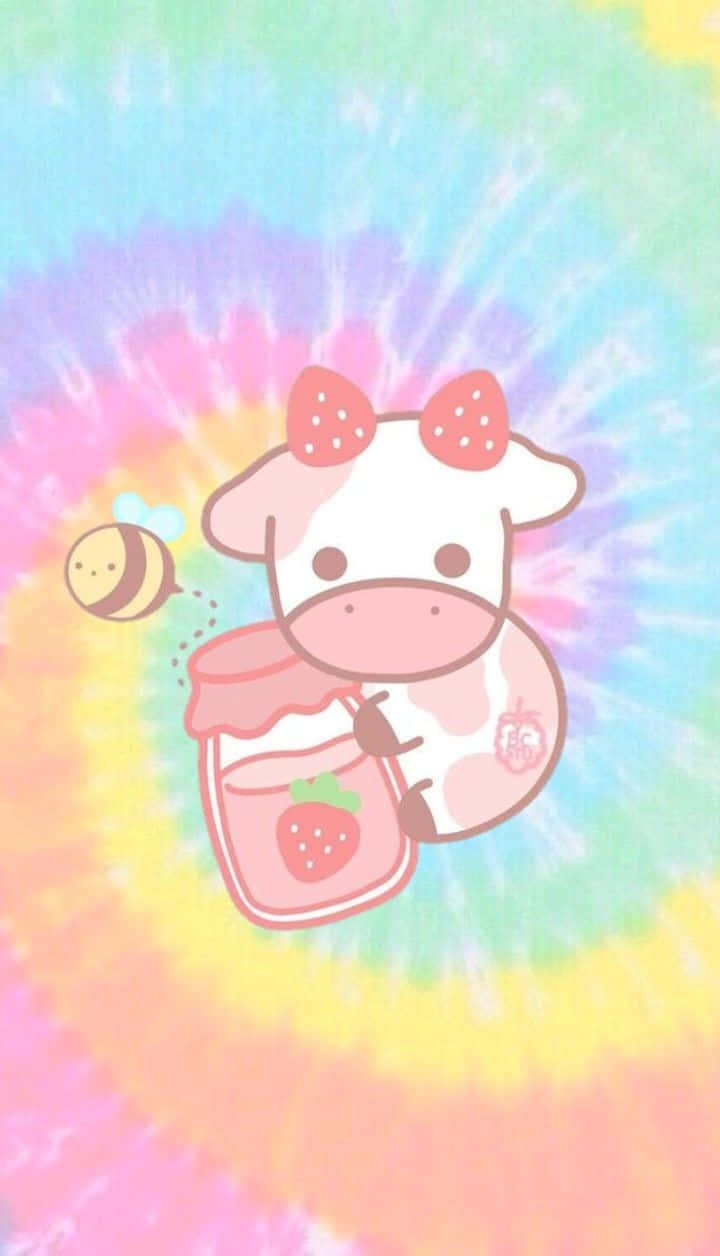 A Cow With A Jar Of Honey On A Tie Dye Background Wallpaper