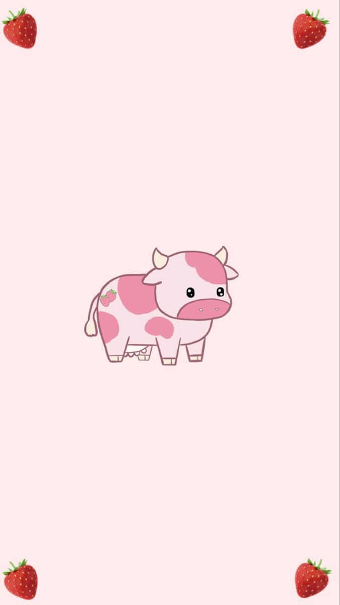 A Pink Cow With Strawberries Around It Wallpaper