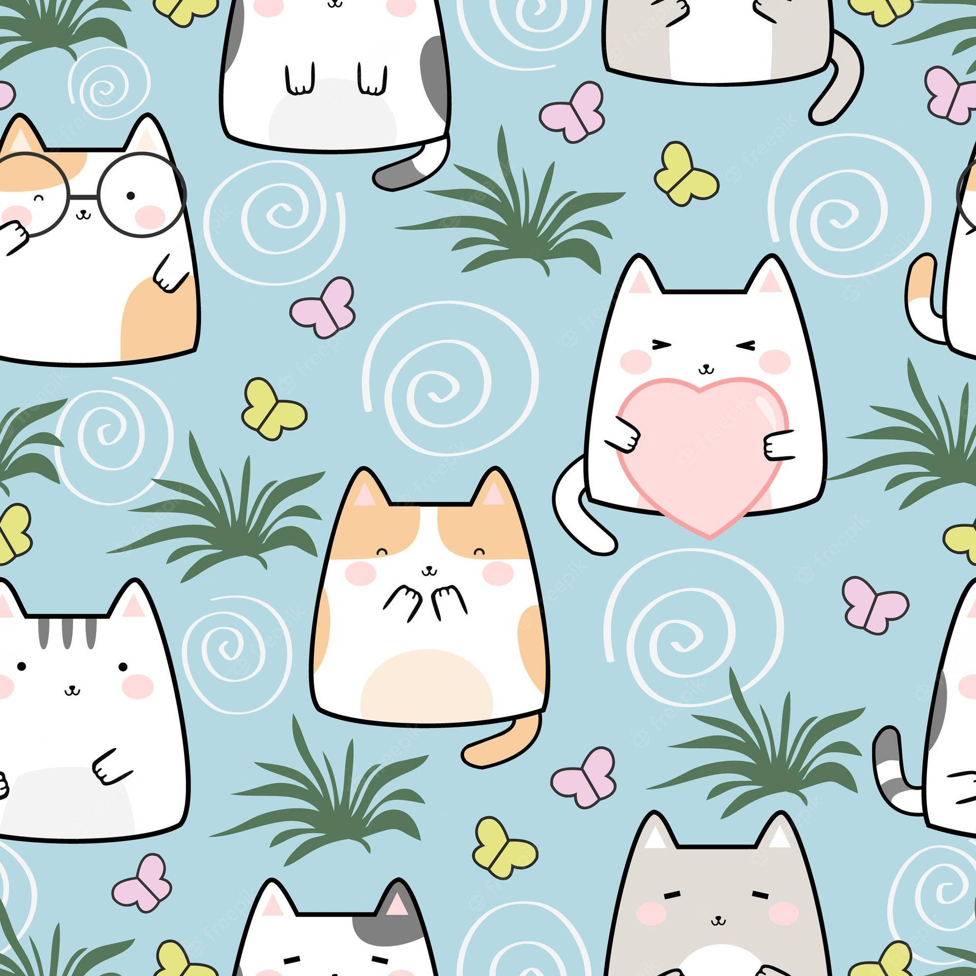 Et mønster med katte og sommerfugle på en blå baggrund Wallpaper