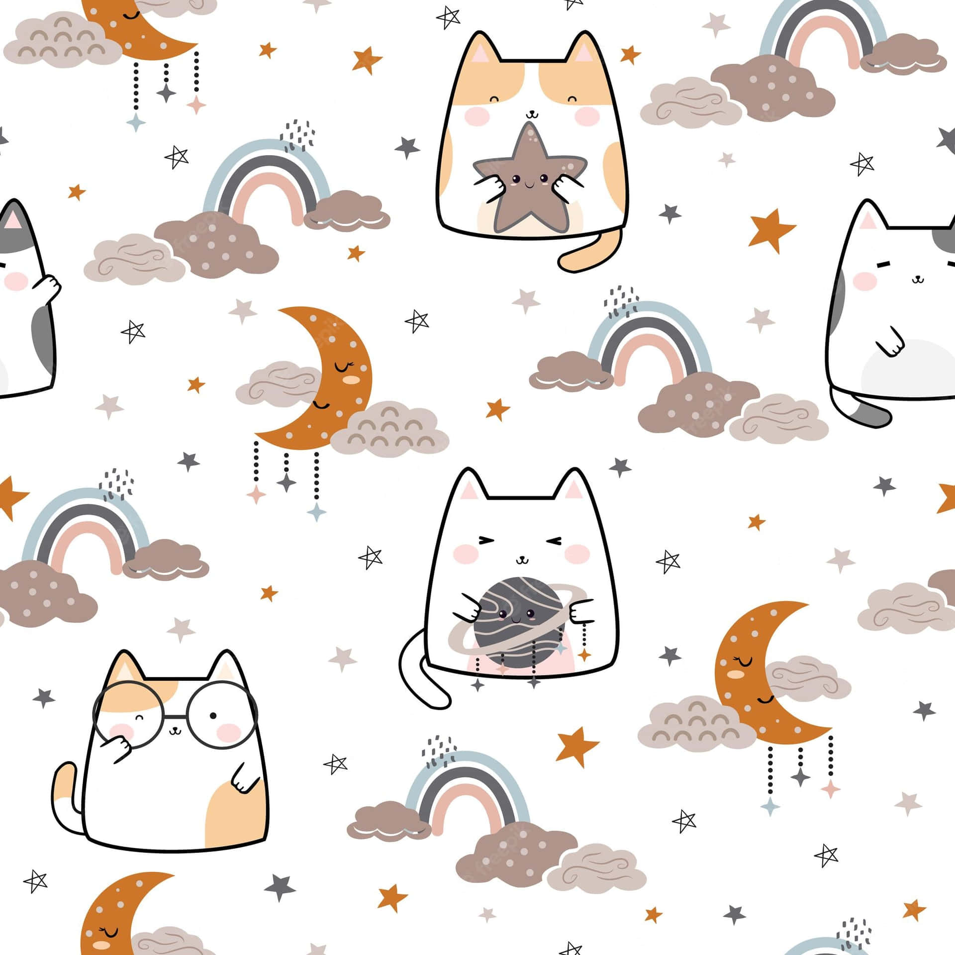 Kawaii Cute Moon And Cats Picture