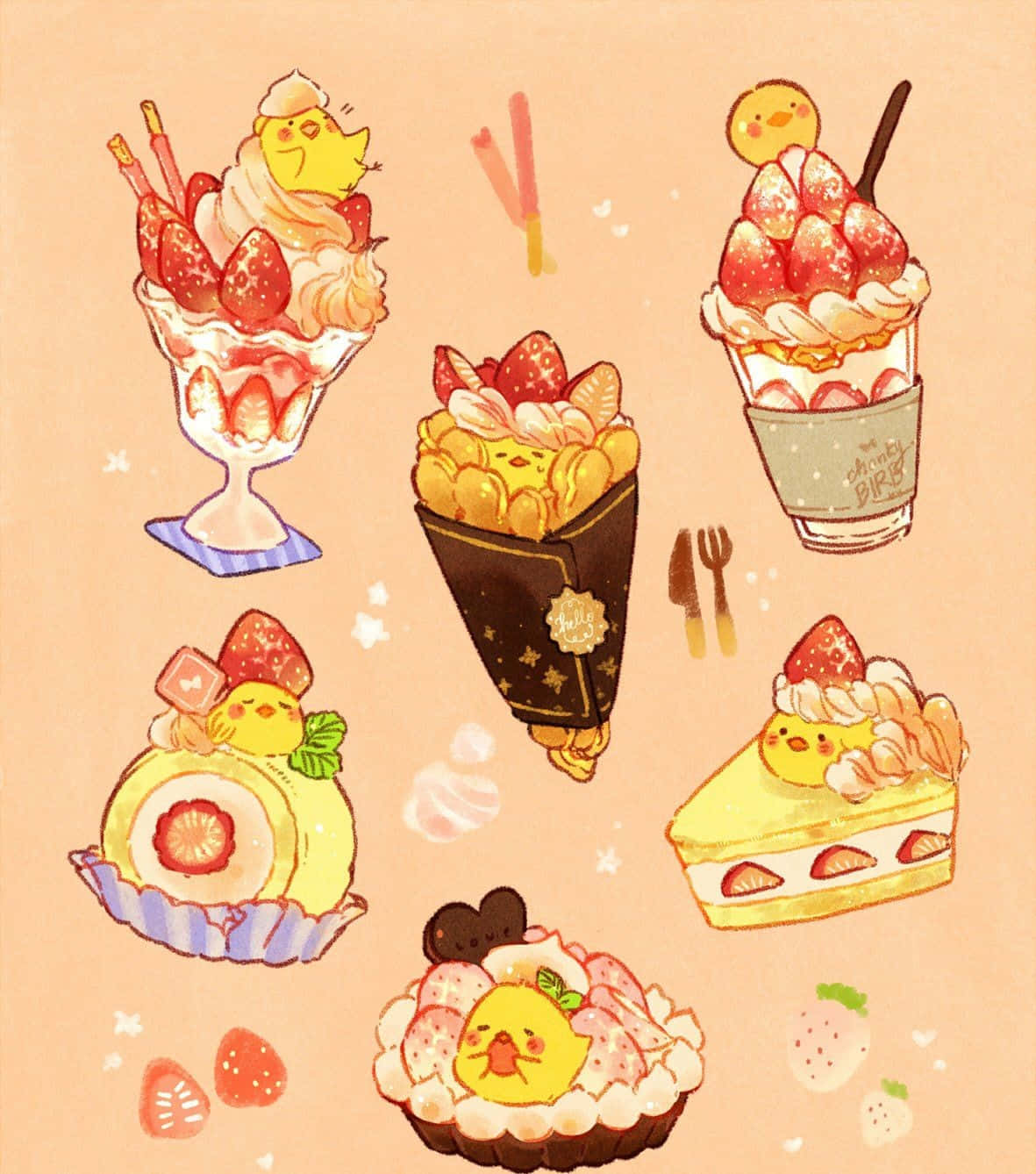 Adorable Kawaii Dessert with a happy rainbow macaron and pink cupcake. Wallpaper