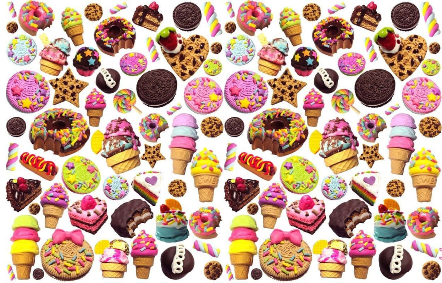 Adorable Kawaii Desserts on a Colorful Background Wallpaper