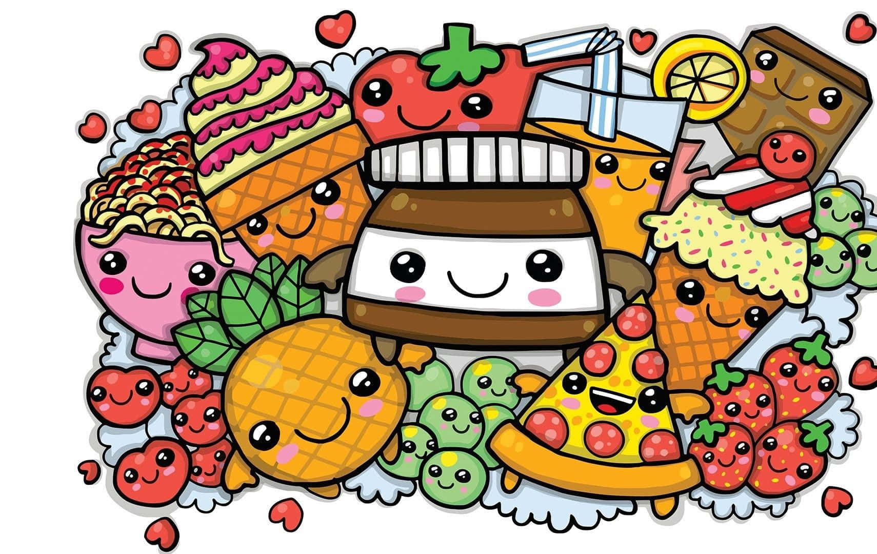 A Kawaii Food Adventure with Smiling Sushi Rolls and Beverages Wallpaper