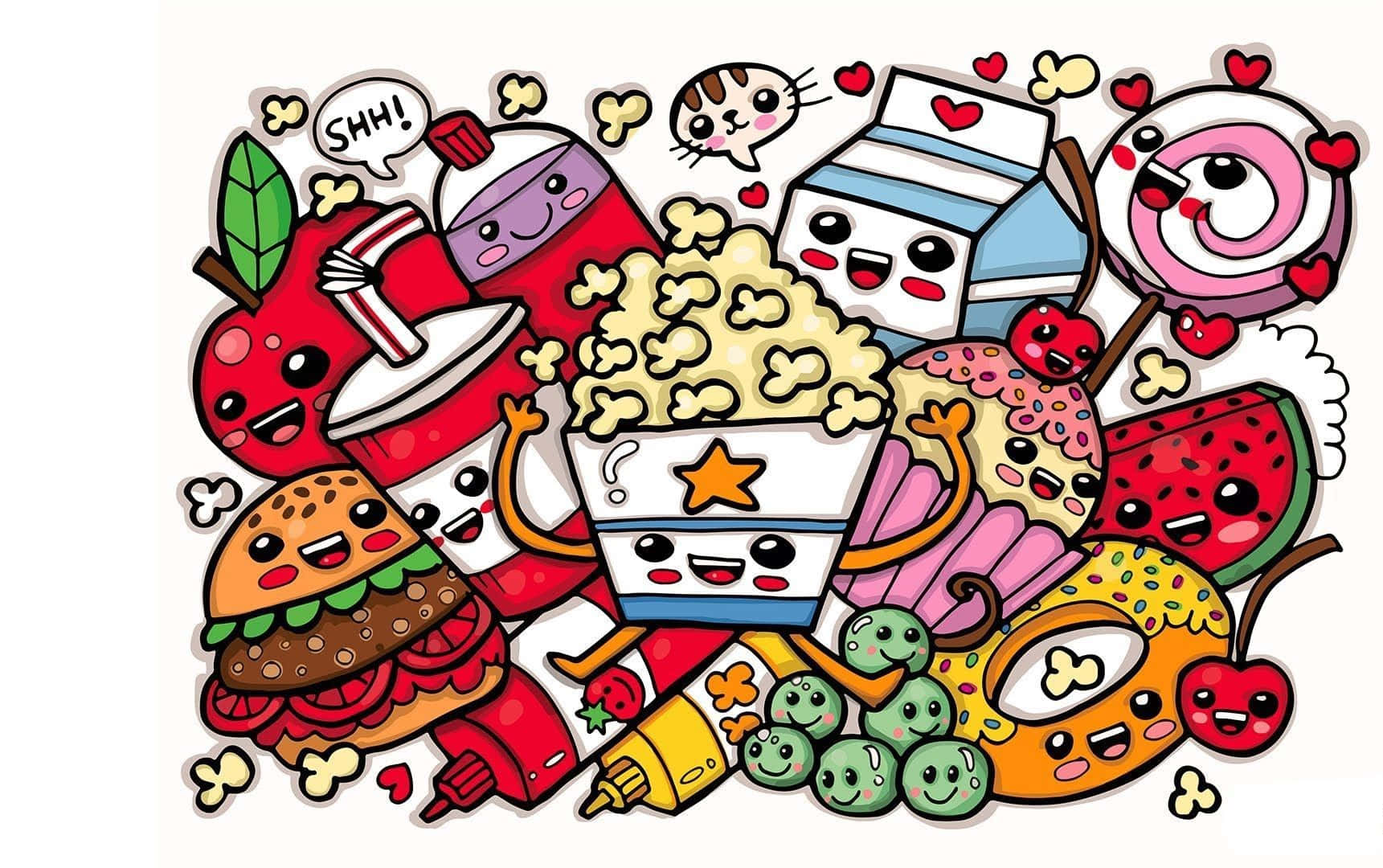 "Colorful Kawaii Food Characters on a Pink Background" Wallpaper