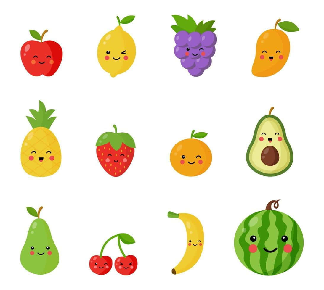 Cute Kawaii Fruit Characters Smiling Happily Wallpaper