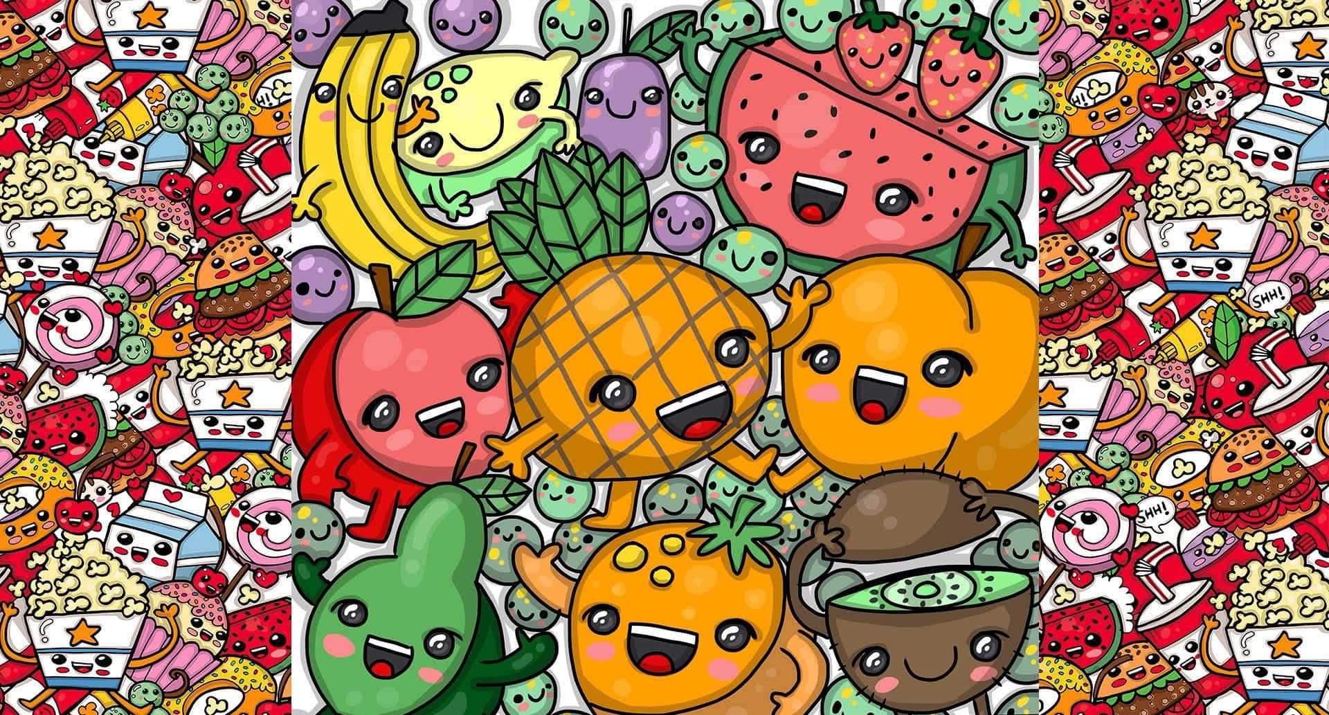 Adorable Kawaii Fruit Characters Enjoying Together Wallpaper