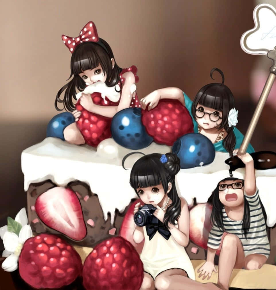 Adorable Kawaii Fruit Characters Smiling Wallpaper