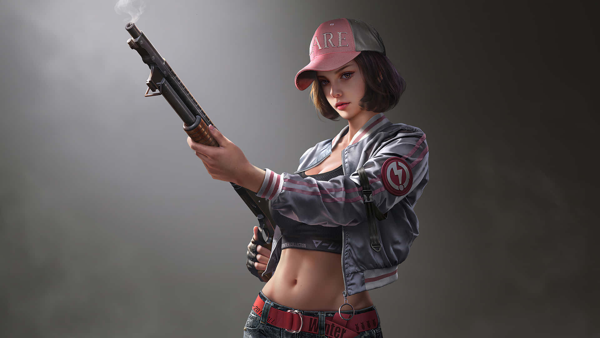 a woman holding a gun in a dark room Wallpaper