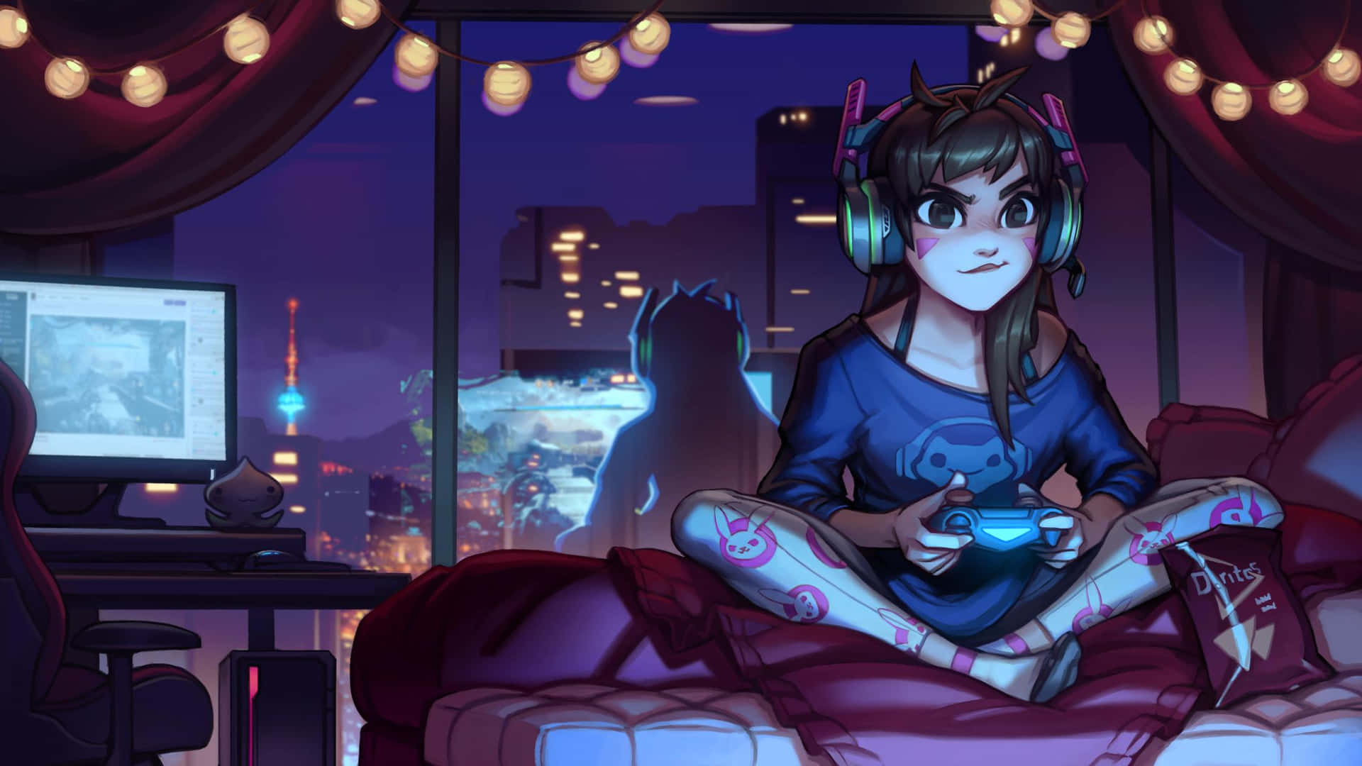 En pige sidder på en seng med en gaming kontrol i hendes hænder. Wallpaper
