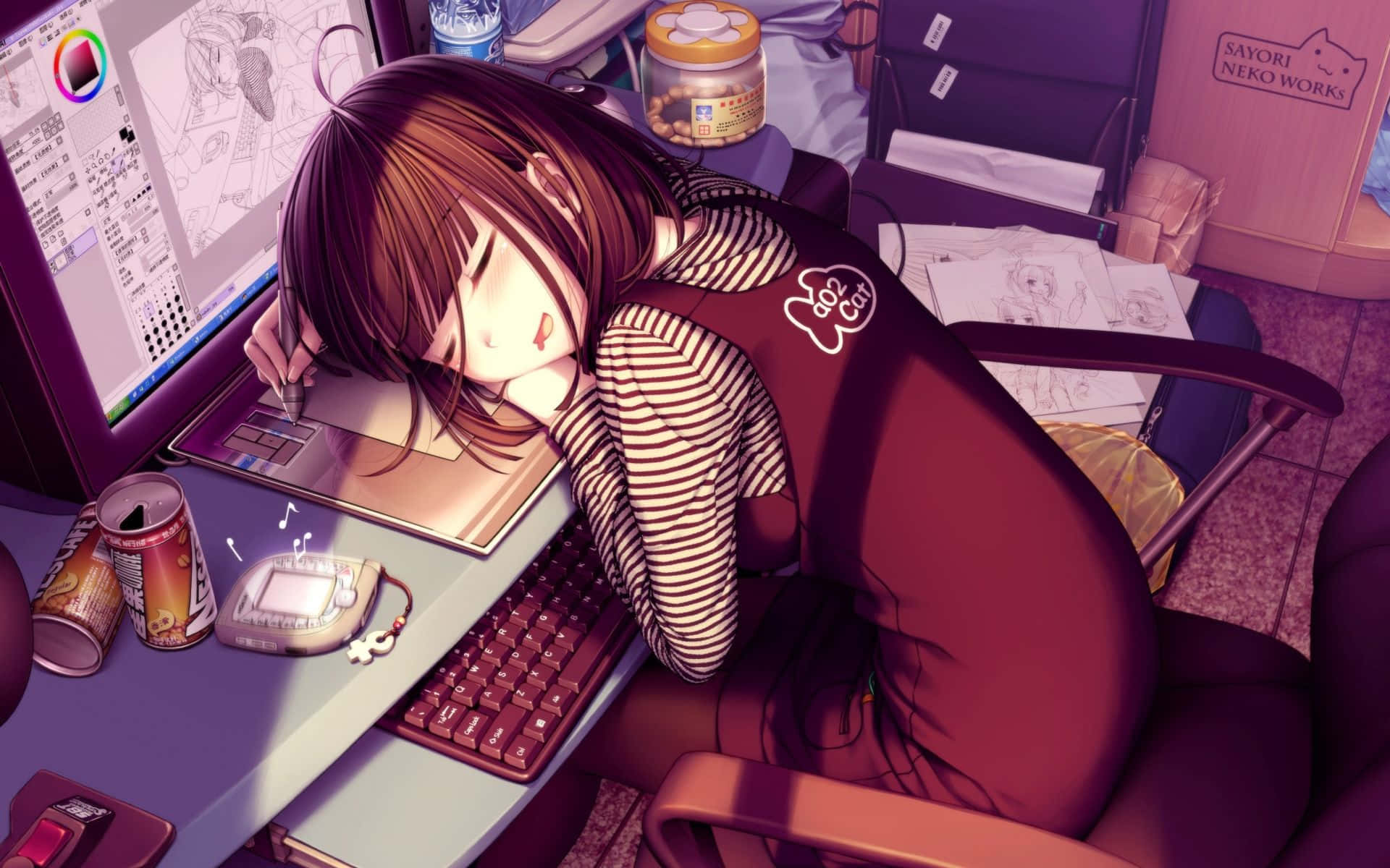 Kawaii Gaming Girl Sleeping While Drawing Wallpaper