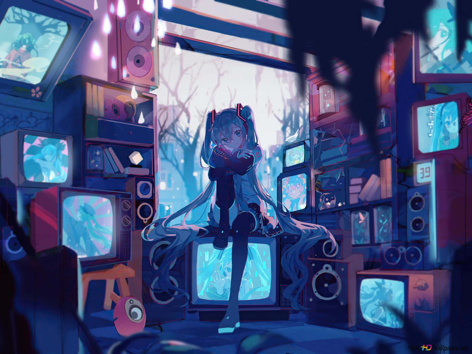 Kawaii Gaming Girl Sitting On Tv Wallpaper