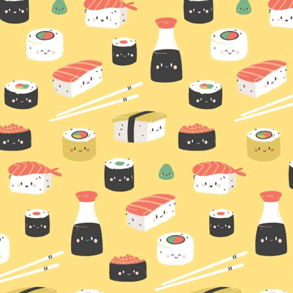 Kawaii Japanese Food on Pink Background Wallpaper
