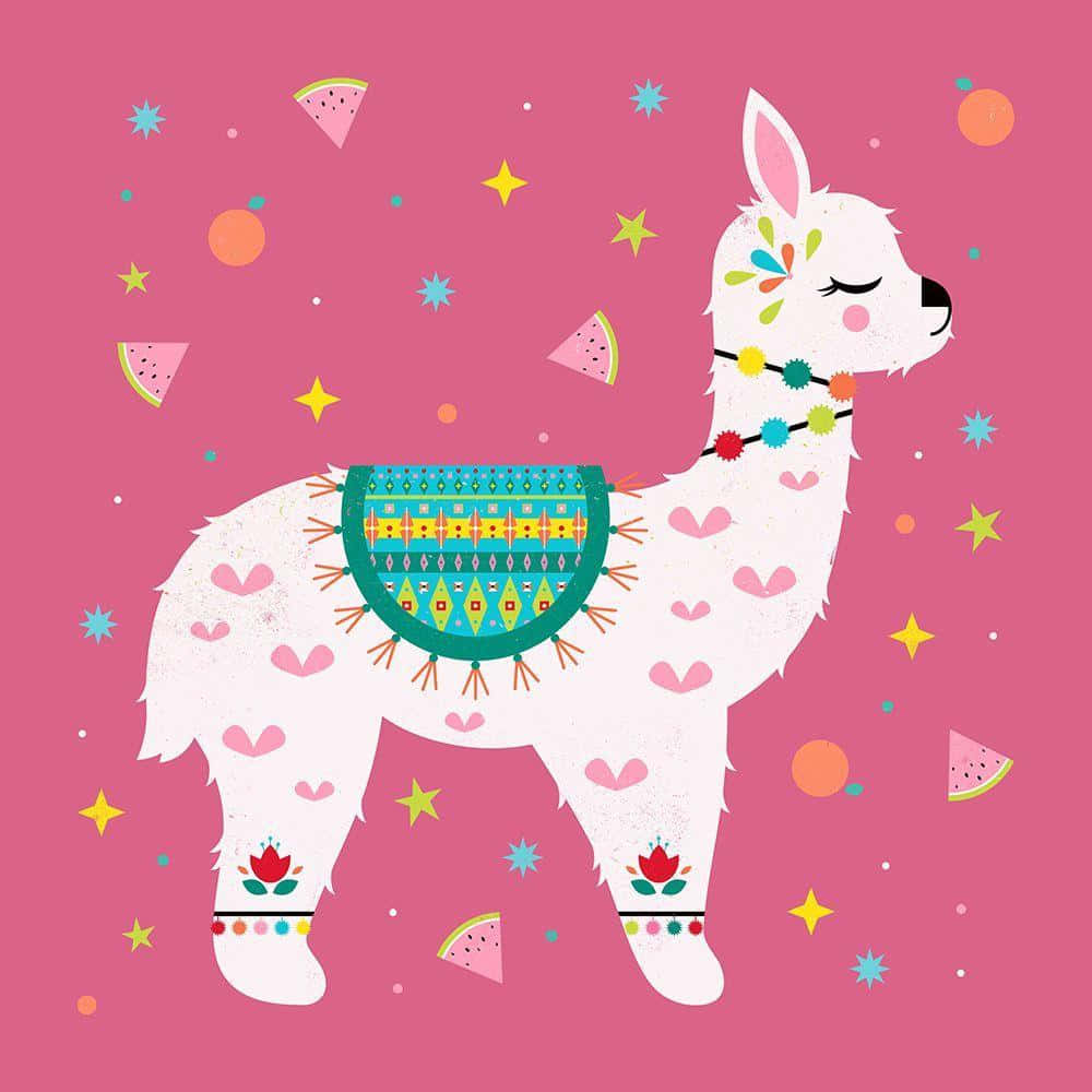 Adorable Kawaii Llama with Unicorn Horn and Rainbow Background Wallpaper