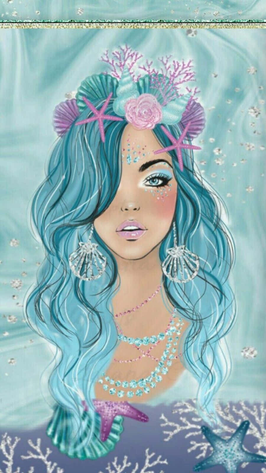 Kawaii Mermaid with Glittering Blue Hair and Ocean Friends Wallpaper