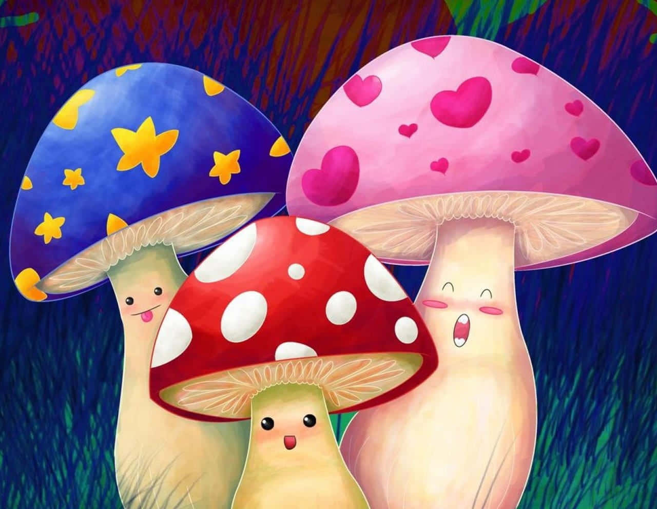Adorable Kawaii Mushroom in a mystical forest Wallpaper