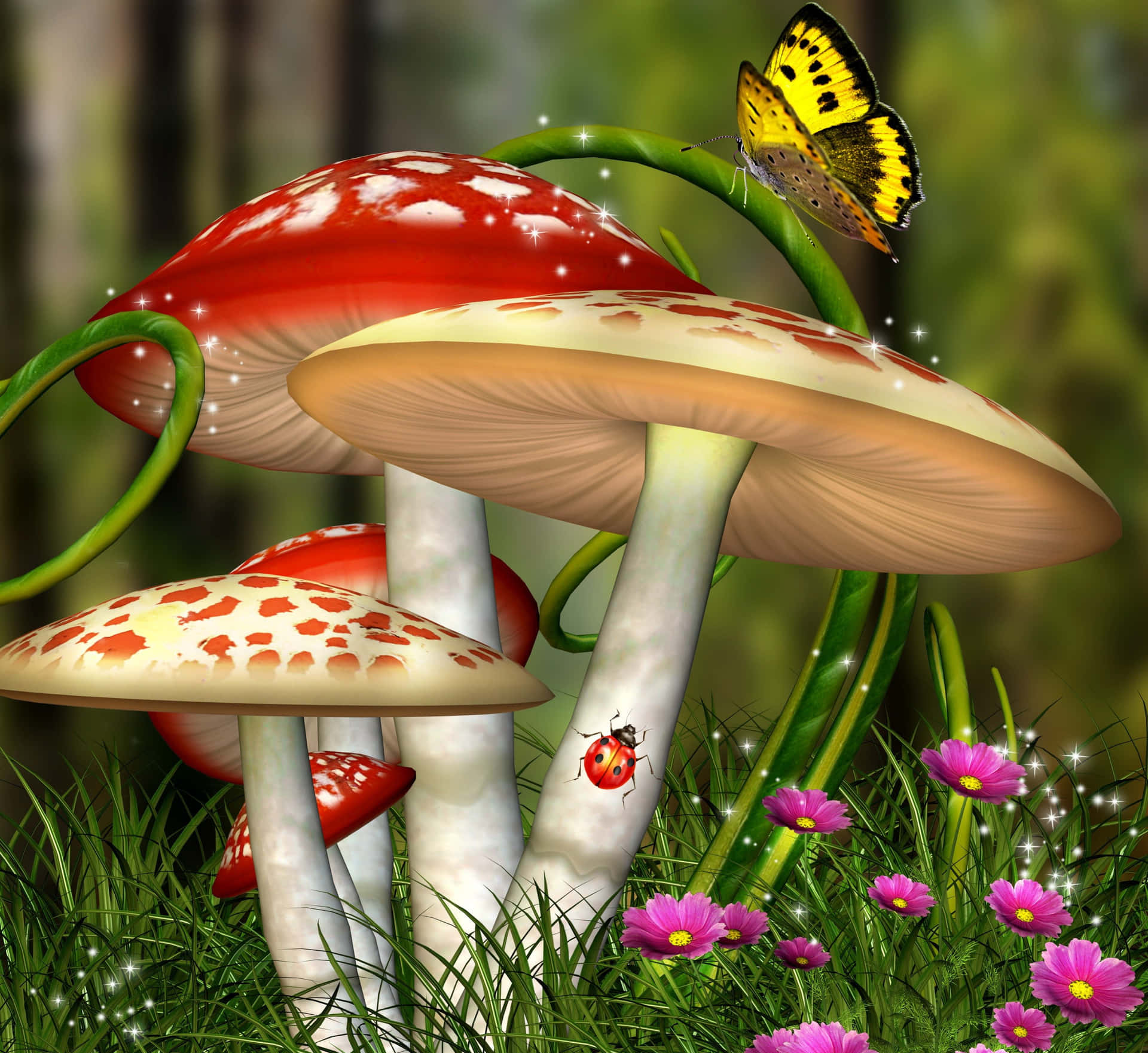 Adorable Kawaii Mushroom in a Magical Forest Wallpaper