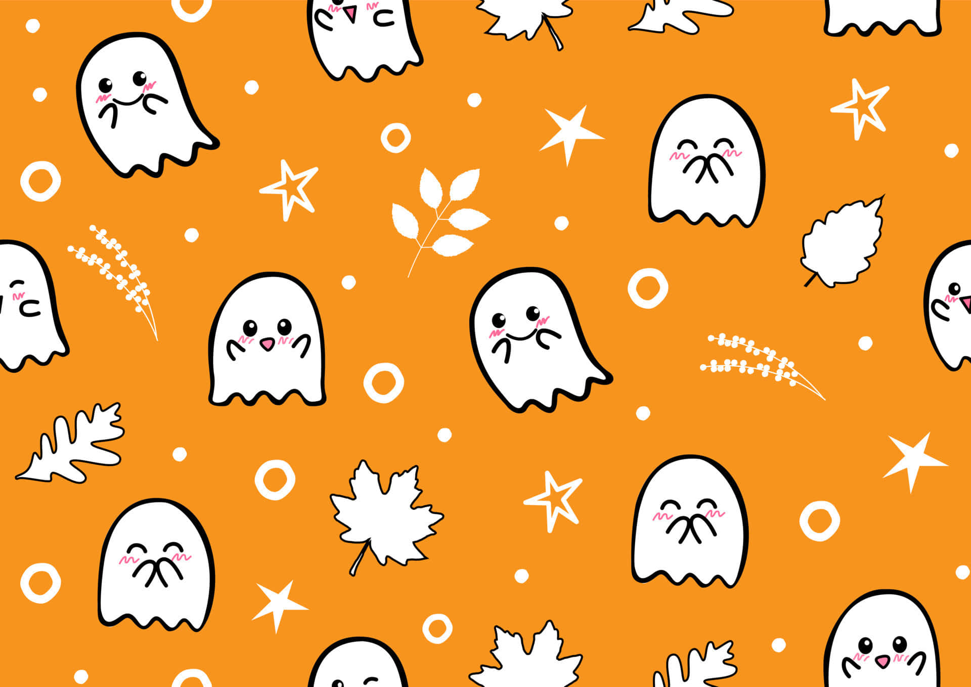 A Seamless Pattern With Ghosts And Leaves On An Orange Background Wallpaper