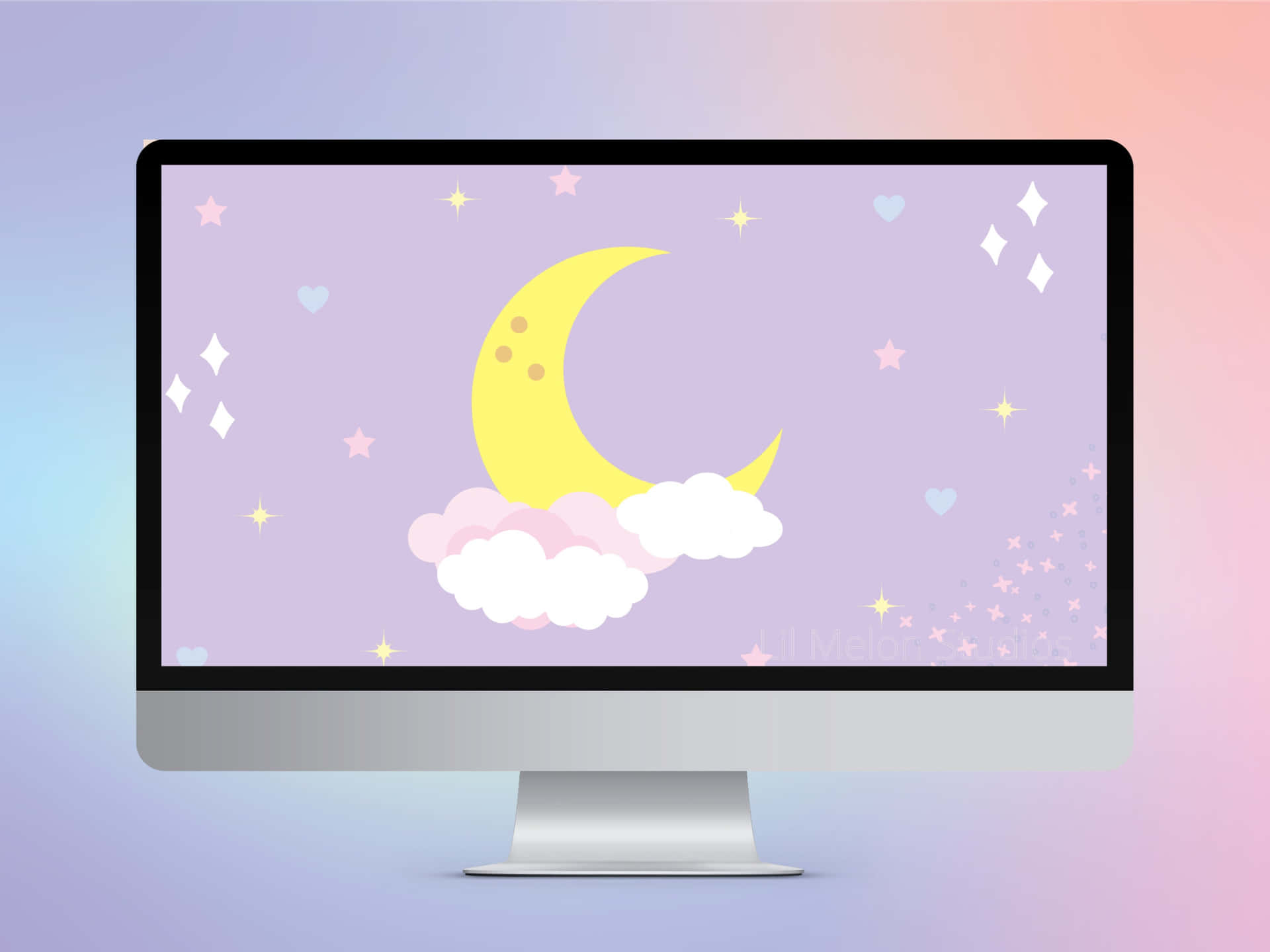 A cute kawaii pastel laptop on a pink and purple abstract background. Wallpaper