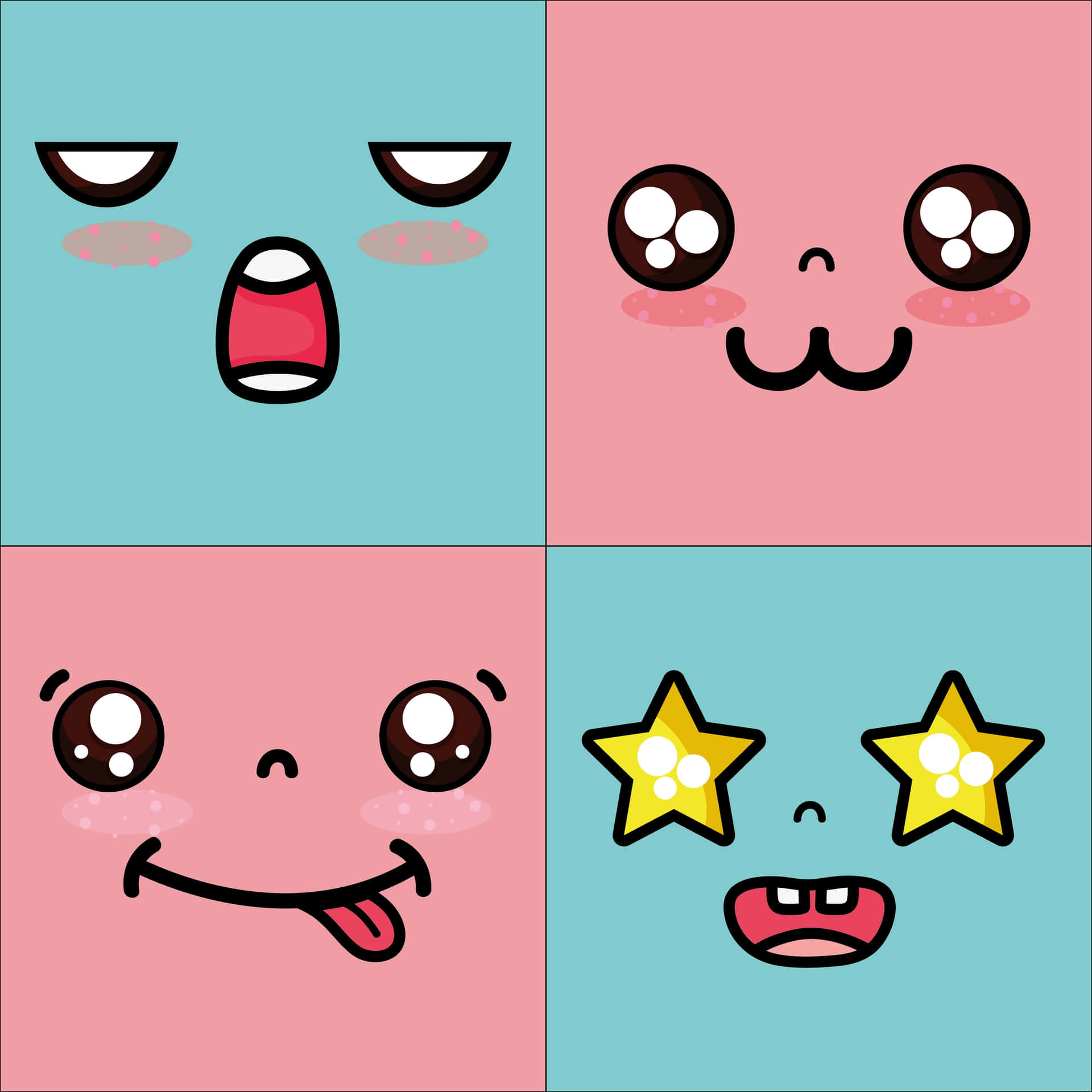A Set Of Kawaii Emoticons On A Blue Background