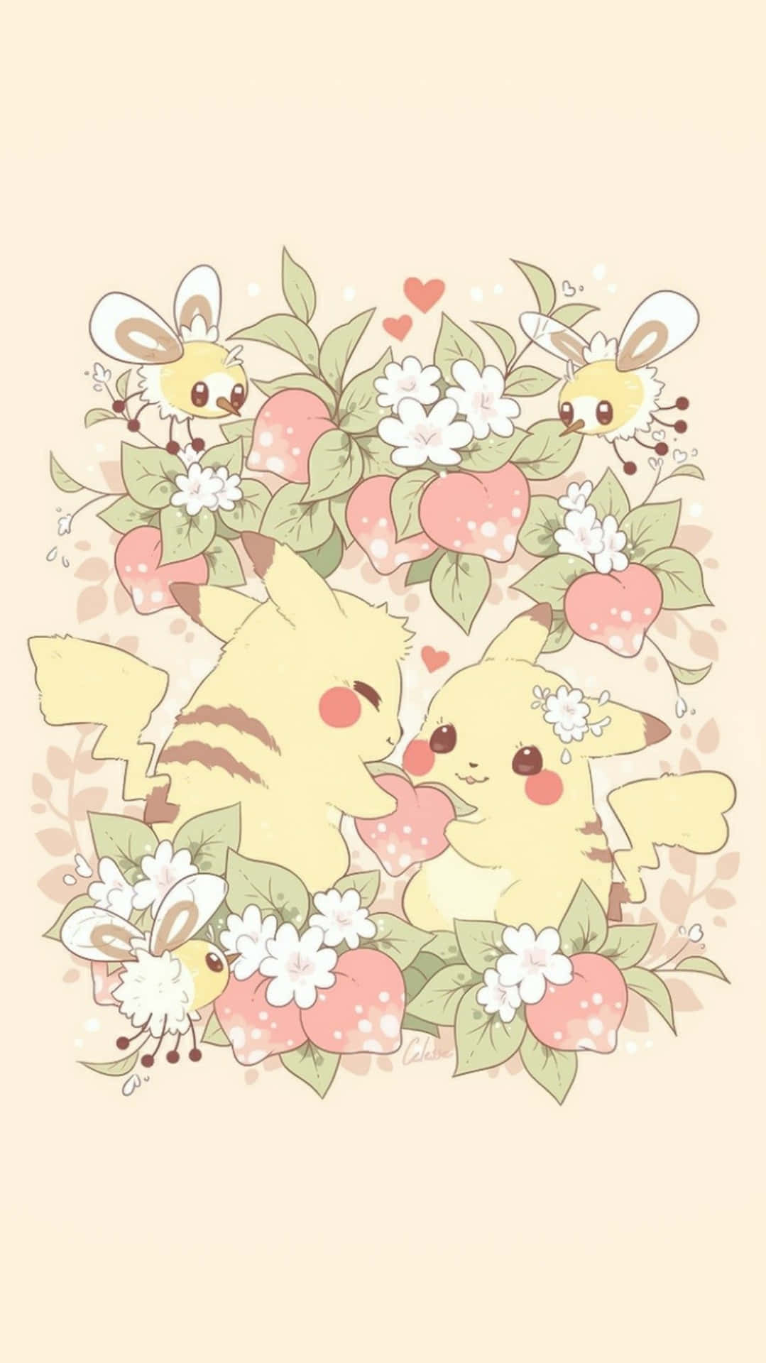 Kawaii Pikachuand Floral Backdrop Wallpaper