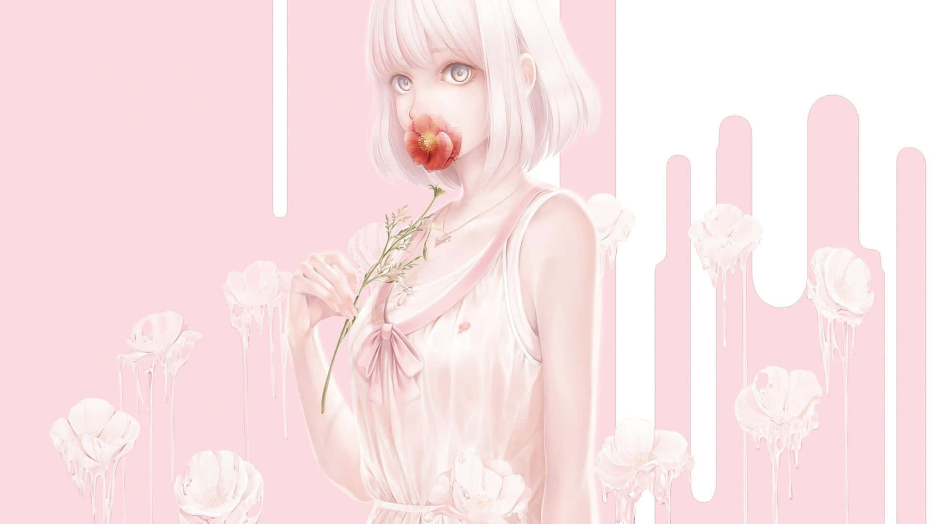 Kawaii Pink Aesthetic Girlwith Flowers Wallpaper