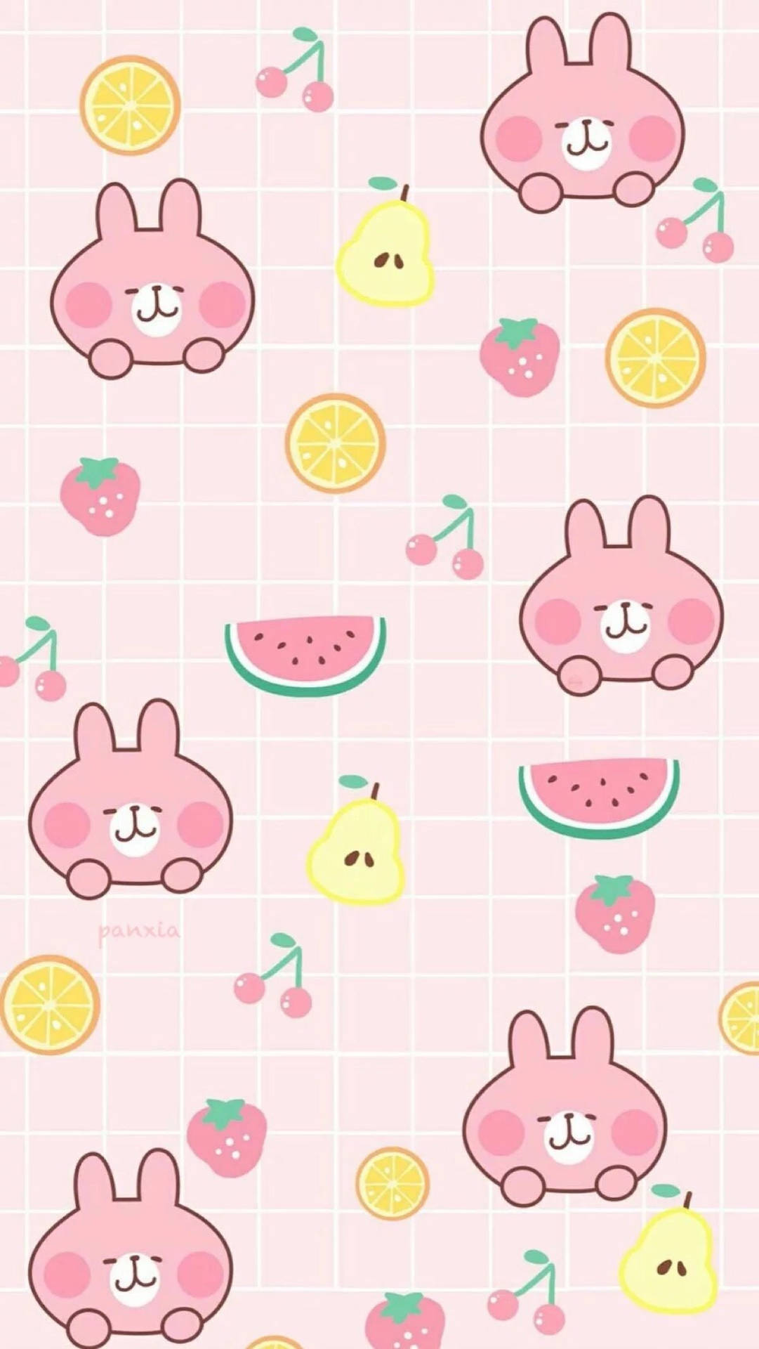 Kawaii Pink Rabbit And Fruits Collage Wallpaper