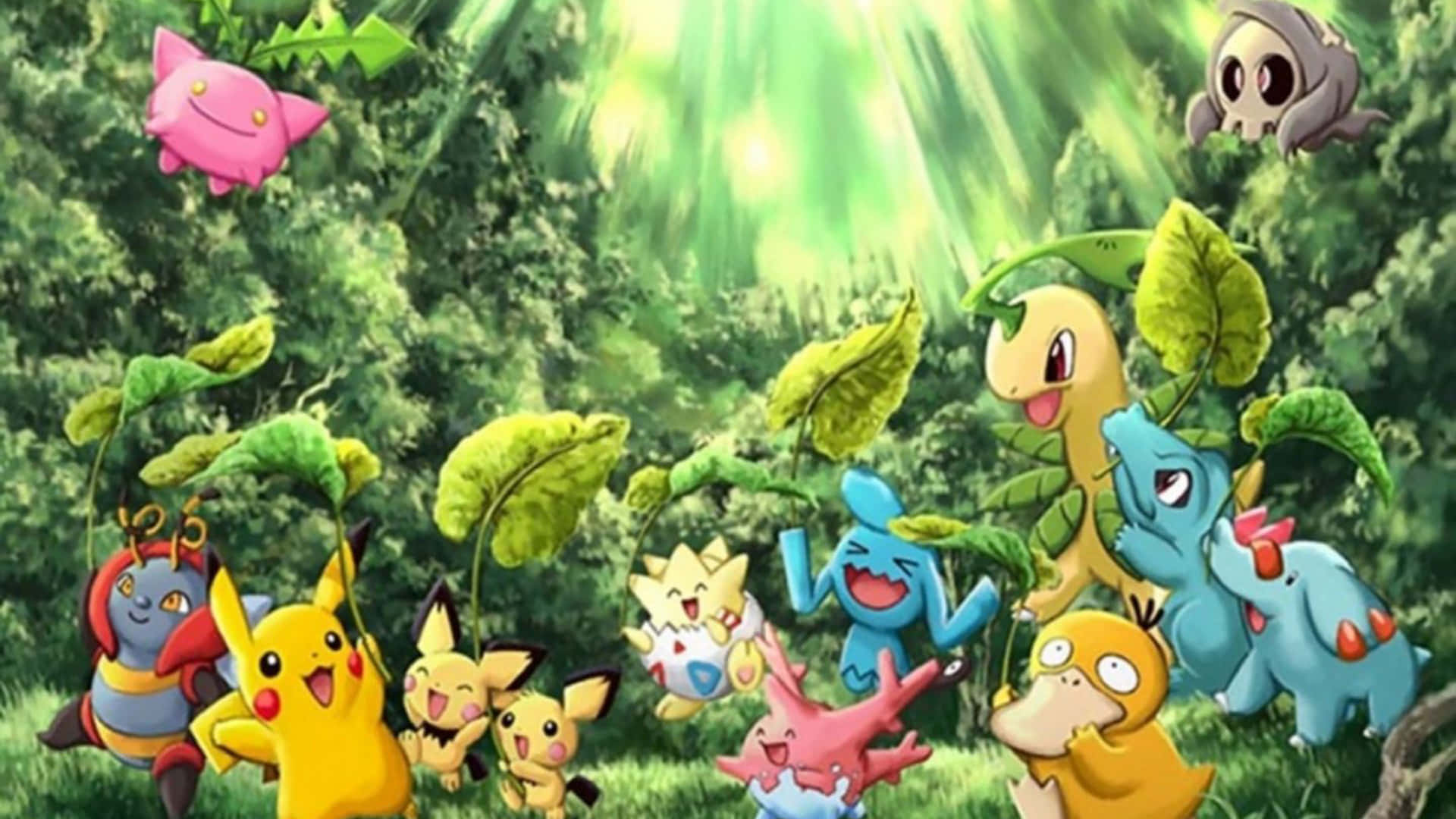 Kawaii Pokemon Gathering Forest Sunbeam Wallpaper